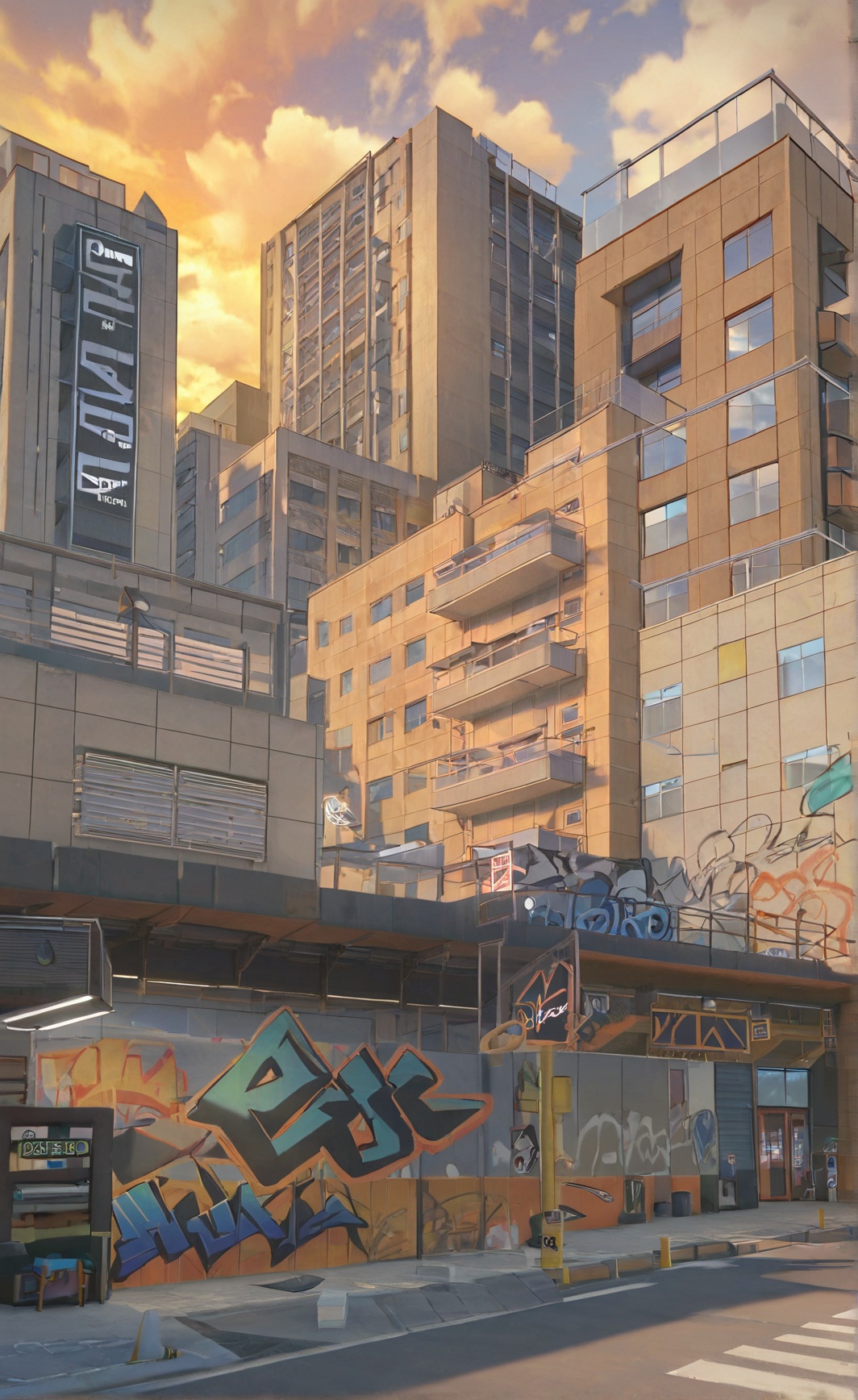 8k, best quality, masterpiece, (ultra-detailed), <lora:zzzstyle-artiwaifu-Tanger-000011:0.7>, zzz style, building, scenery, no humans, sky, outdoors, cloud, city, sign, ground vehicle, sunset, road, street, cloudy sky, window, english text, motor vehicle, graffiti, cityscape