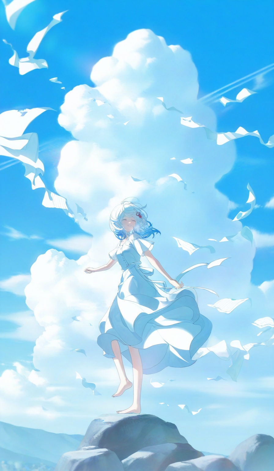 <lora:konya666 (5):1>,highres,absurdres,newest,very awa,masterpiece,best quality,year 2024,\,SenSen,1girl,solo,dress,white dress,barefoot,outdoors,sky,standing,paper,short sleeves,rock,day,blue hair,standing on one leg,flying paper,blue theme,white hair,blue sky,full body,scenery,cloud,wide shot,hair ornament,short hair,long hair,smile,