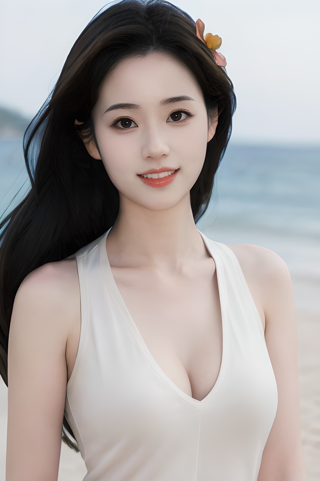 <lora:0827_04:0.7>simple background, 1girl,flower,brown hair,realistic,looking at viewer,hair flower,outdoors,sleeveless,hair ornament,shirt,breasts,smile,day,beach,solo,sleeveless shirt,masterpiece,best quality,picture-perfect face,ultra realistic 8k cg,(cleavage:1.2),, 1girl,realistic,masterpiece, best quality, photorealistic, HDR,detail