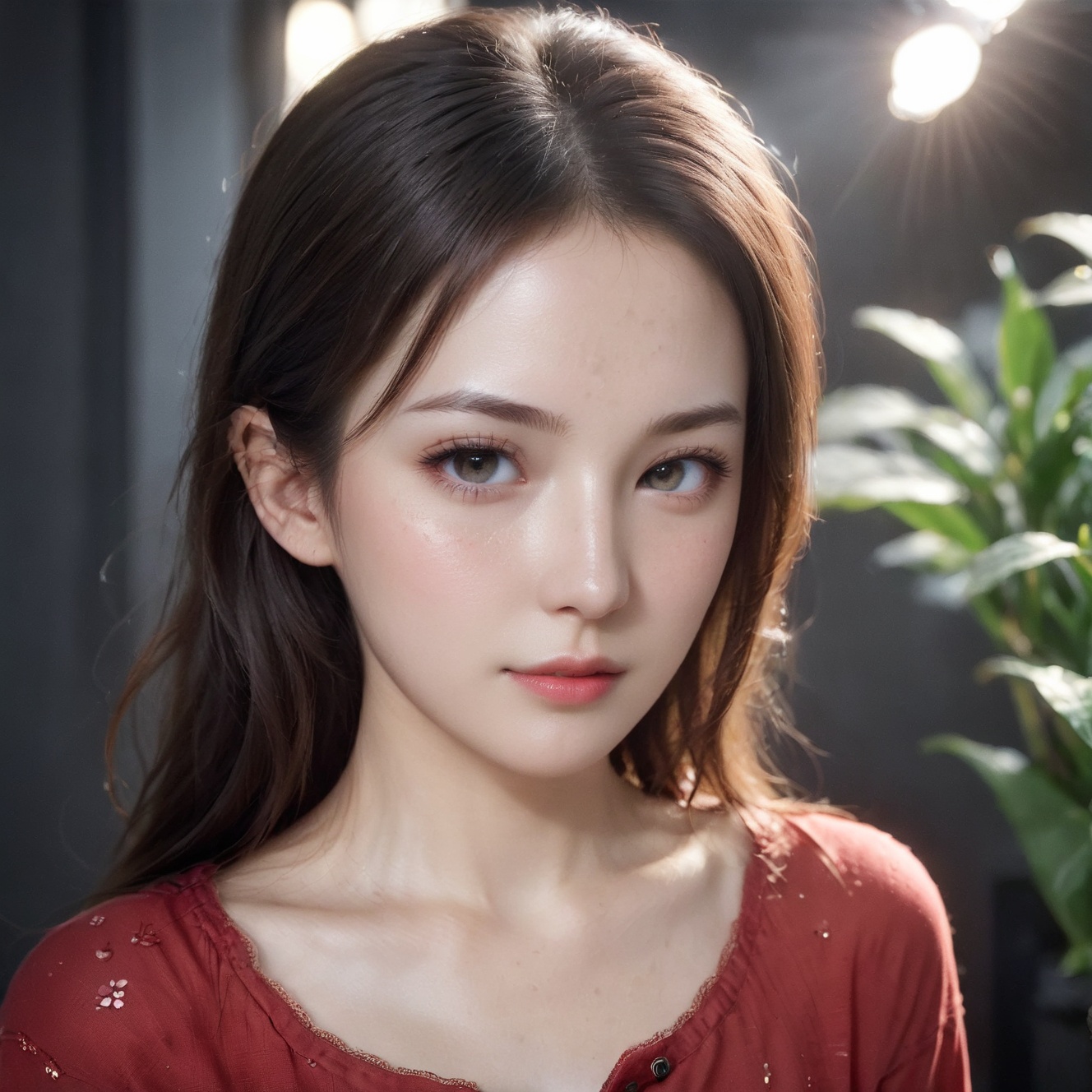 RAW photo,portrait of a beautiful woman wearing a red shirt (high detailed skin:1.2),8k uhd,dslr,soft lighting,high quality,film grain,Fujifilm XT3,upper body,cute face,eye level,focus on eyes,dappled light on face,pale skin,no make-up,detailed face and eyes,natural skin texture,highly detailed skin,textured skin,skin pores,[[[oiled shiny skin]]],skin blemish,imperfect skin,intricate skin details,visible skin detail,detailed skin texture,subsurface scattering,blush,few freckles,few moles,goosebumps,minor skin imperfections,skin pores,[[[wrinkles]]],vitiligo spots,whiteheads,blackhead,white pimples,red pimples,beauty spot,[[[[skin fuzz]]]],remarkable detailed pupils,detailed iris,very thin eyebrows,