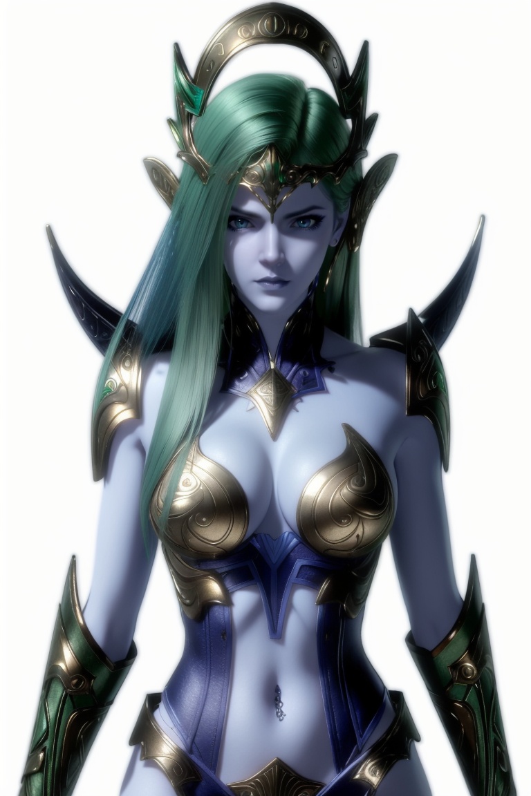 ((HRD, HUD, 8K)),((masterpiece, best quality)), highly detailed, soft light,1girl, solo, long hair, green hair, blue eyes, pointy ears, breasts, medium breasts, colored skin, blue skin, armor, navel, simple background, white background, upper body, standing, looking at viewer,  <lora:20240305-1709647782585:0.73>