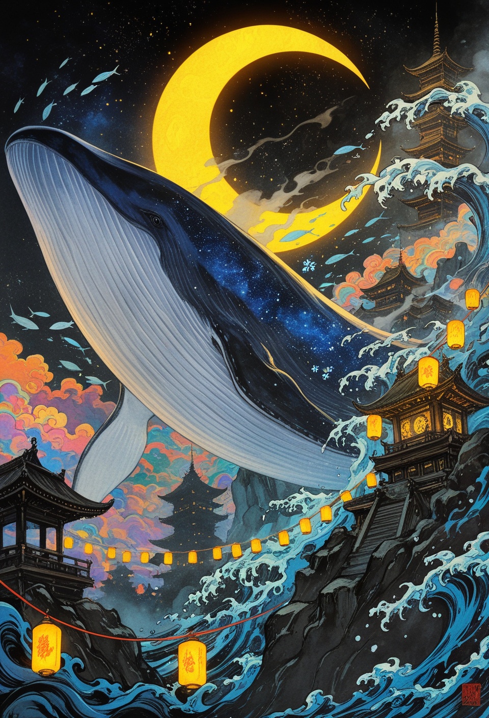 (giant whale,  wave,  floating fish on Tensor.Art