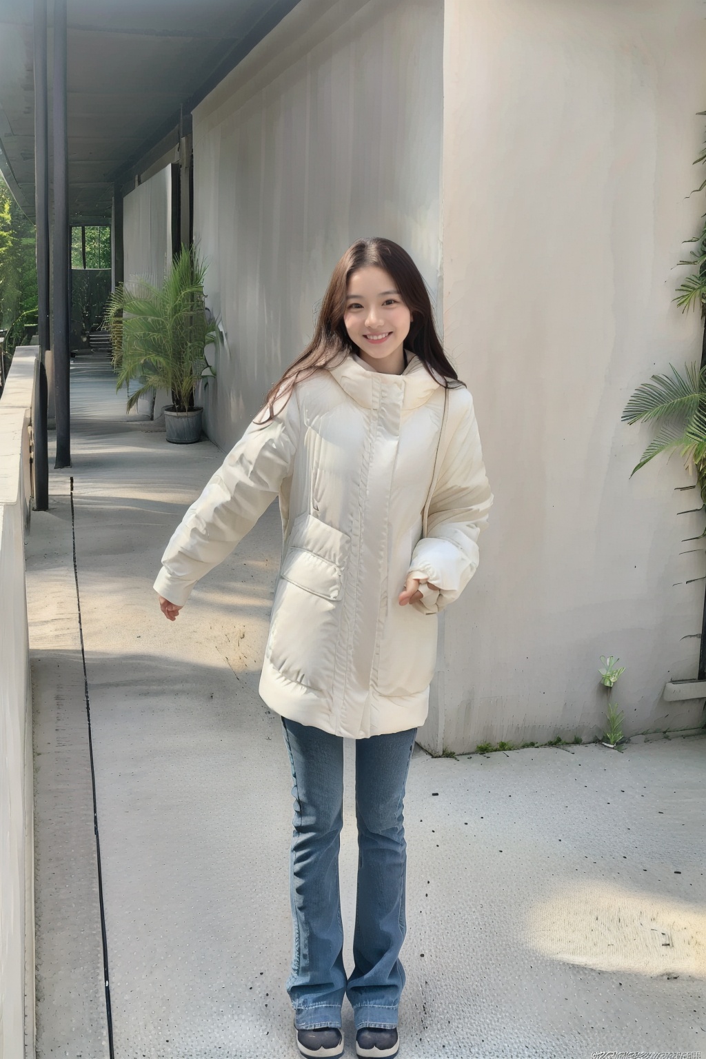 (1girl:1.3), (best quality, masterpiece, ultra high resolution, 4K, HDR, UHD, 64K), (photorealistic:1.3), (realistic:1.3), depth of field, charming, happy, solo,(full body:1.5), outdoors, day, sunlight, cubicle_1_cubicle, (skinny:1.3),closed mouth, light smile, floating hair, long hair, dark brown hair,(standing:1.2), vivacious and seductive, slim legs, Slender legs, short thin waist, (only one girl:1.2), (middle breasts),  (5 fingers:1.5, perfect hand:1.3, detailed hand, high quality hand:1.3), (family friendly:1.3), near, facing to camera ,  <lora:PufferJacketWhiteZc:0.8>