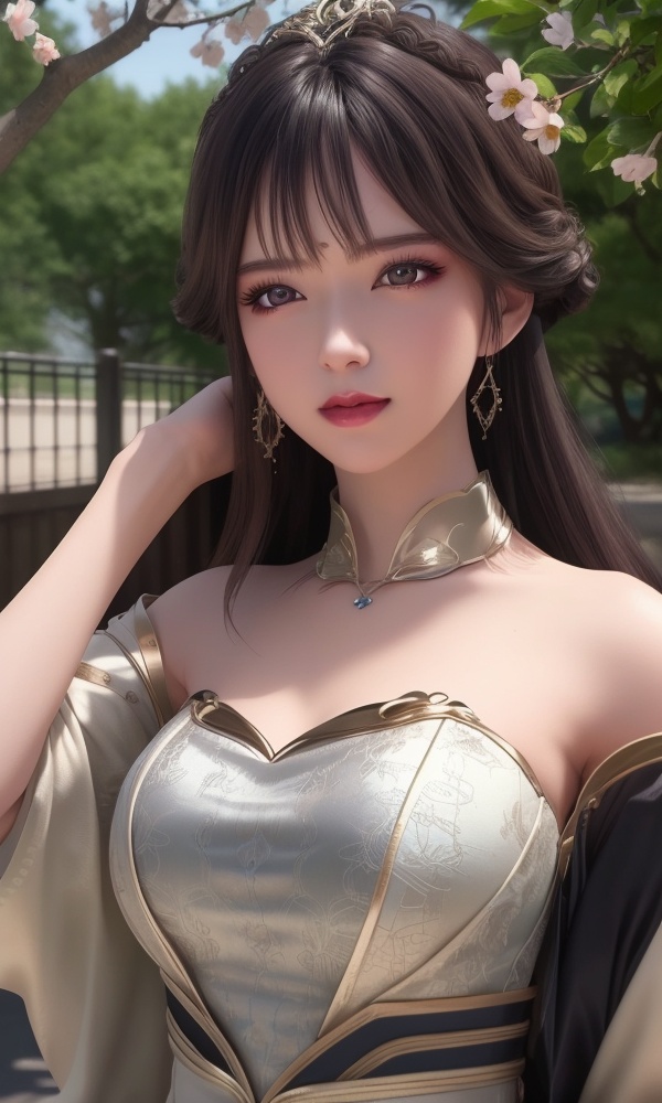(,1girl, ,best quality, ),looking at viewer, <lora:370-DA-百炼成神-云洛-黑化:0.8>ultra detailed background,ultra realistic 8k cg,ultra detailed 8k cg,masterpiece,upper body,  (( , )),, ,science fiction,mole, ultra realistic 8k cg, ,tamari \(flawless\),   ,outdoors, sun,sunlight, cherry blossoms,      (()), (),