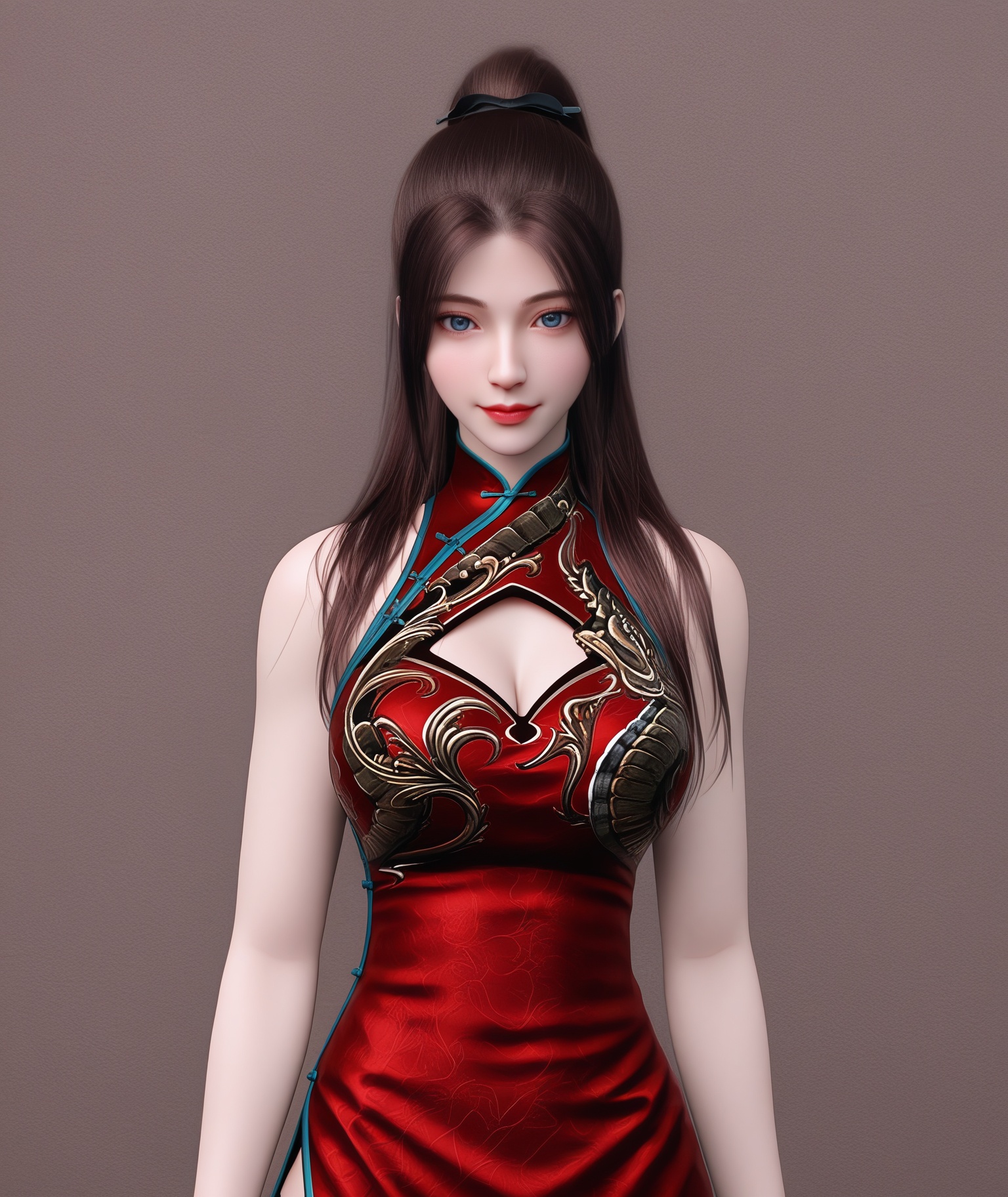 (score_9),masterpiece,best quality,absurdres,highres,upper body,<lora:e肤色滑块:0.8>,(white_skin),(Ivory_skin),light_skin,BREAK1girl,solo,<lora:唐紫尘-ill-000009:0.82>,htzc,igh ponytail,long hair,brown hair,blue eyes,light smile,(looking at viewer,front view),light blush,bare shoulders,clothing cutout,cleavage cutout,bracelet,china dress,(red_china dress),(large teardrop breasts),(large breasts),BREAK(Cinematic Lighting:1.1),simple background,