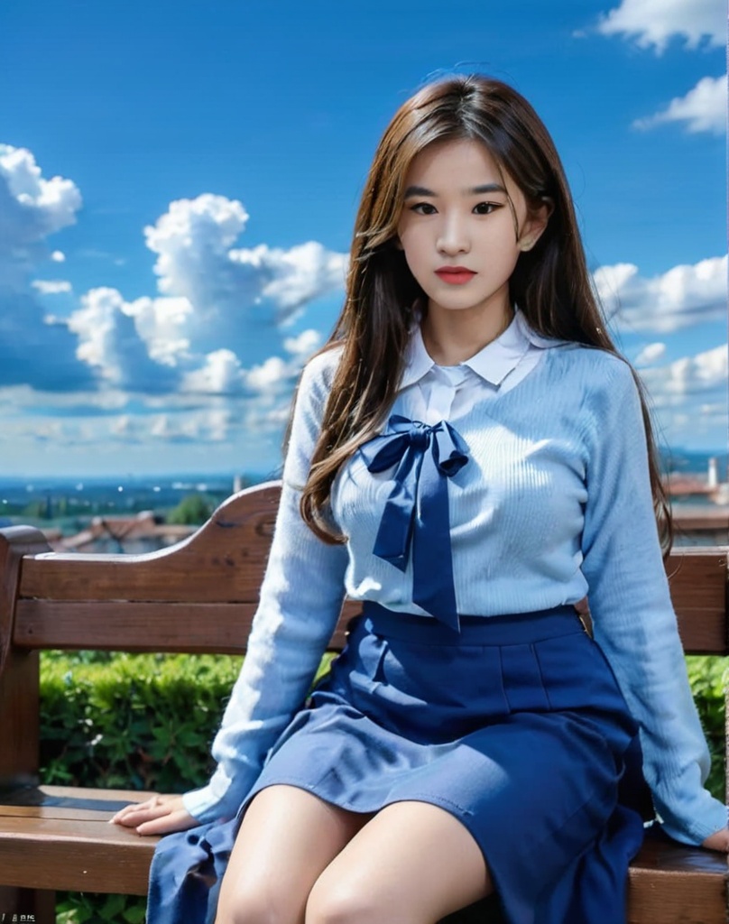 Liuyifei, 1girl, solo, skirt, brown hair, long hair, blue skirt, sitting, looking at viewer, realistic, shirt, brown eyes, day, sky, long sleeves, white shirt, cloud, bow, lips, blue sky, shirt tucked in, blue bow, outdoors a woman in a blue dress sitting on a bench with a blue sky in the background and a blue sky in the background <lora:XL_Liuyf:0.8>