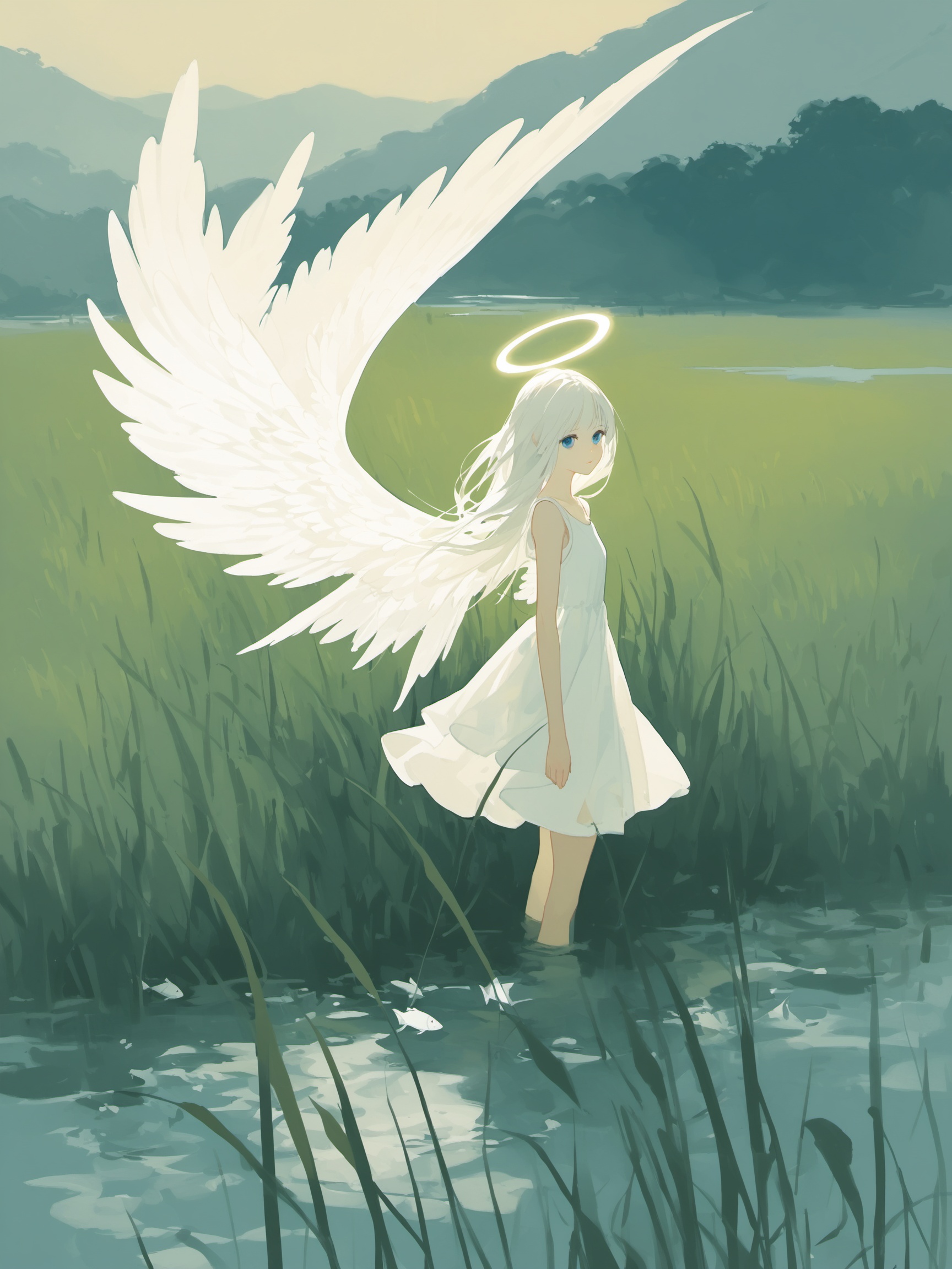 tianliang duohe fangdongye,[ciloranko:0.7],1girl, angel, angel wings, blue eyes, dress, expressionless, fish, grass, halo, long hair, looking at viewer, painting \(medium\), solo, surreal, tall grass, traditional media, water, watercolor \(medium\), white dress, white hair, wings