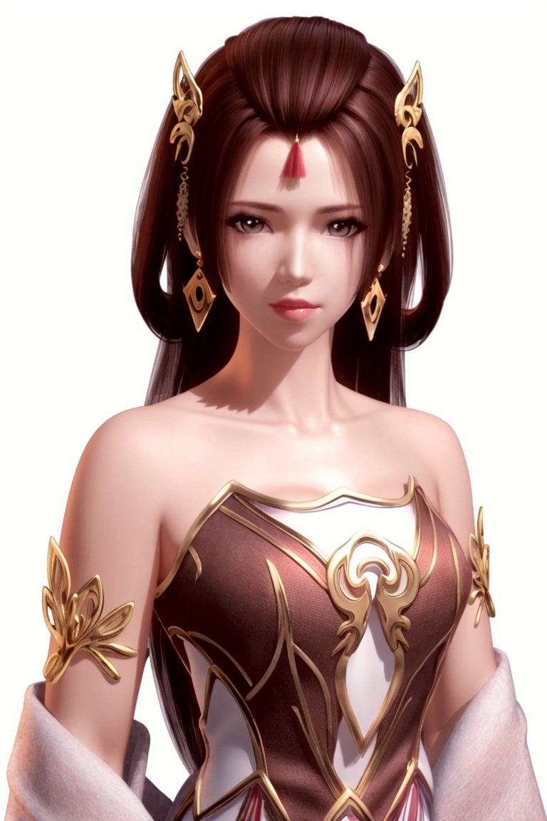 ((HRD, HUD, 8K)),((masterpiece, best quality)), highly detailed,1girl, solo, forehead mark, brown hair, hair ornament, hair rings, long hair, brown eyes, lips, jewelry, earrings, pink dress, bare shoulders, simple background, white background, (upper body:1.2), standing, looking at viewer,  <lora:20240513-1715564123441:0.71>
