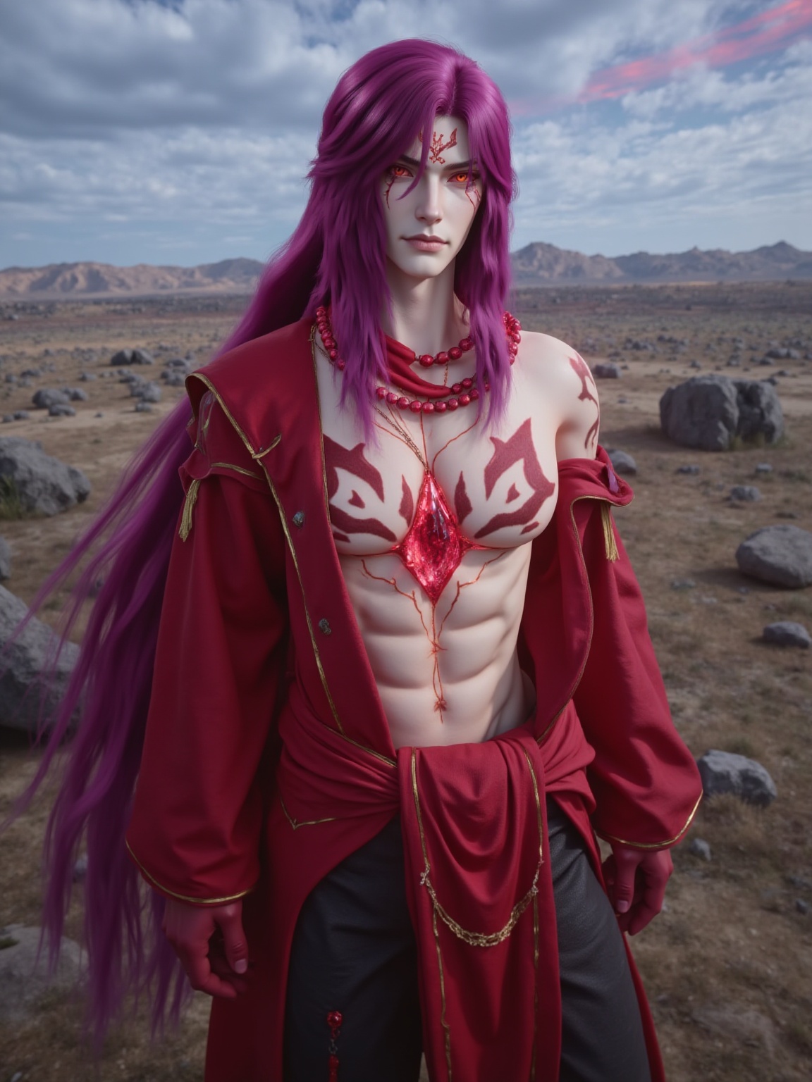 mmgtuosen,mmgtuosen,A man with long purple hair,red tattoos and red attire,outdoors,