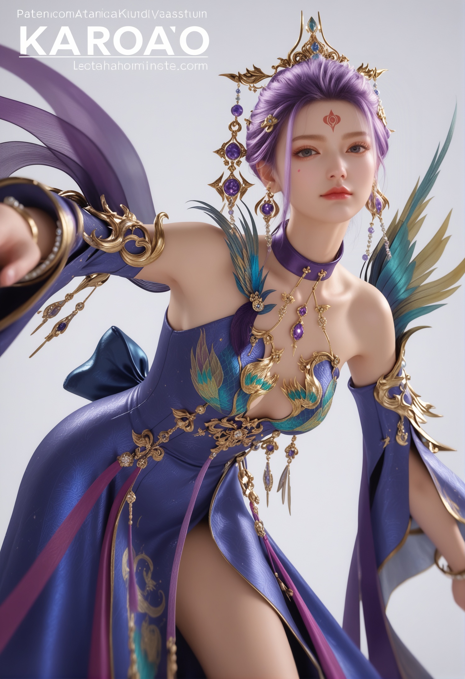 score_9,score_8_up,score_7_up,1girl,solo,arched_back,(leaning_forward:1.2),looking at viewer,1girl,solo,realistic,dress,purple dress,blue dress,embroidery,detached sleeves,blue robe,clothing cutout,bare legs,high heels,realistic,jewelry,tiara,hair ornament,feather hair ornament,hair stick,gem,collar,choker,bracelet,earrings,1girl,solo,realistic,(mature face:1.2),big eye,(pale_skin:1.1),shiny_skin,slender face,purple hair,facial mark,forehead mark,lips,bare shoulders,closed mouth,realistic,(white_background:1.2),solid background,simple background,(magazine cover theme:0.75),<lora:小巳-南宫瑾紫衣pony:0.85>,