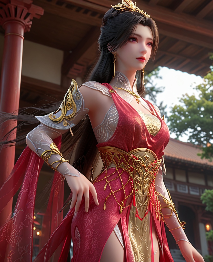 (oriental architecture, elegant decor, sophisticated style:1.1),(hands on ass:1.1),(breasts:1.2),<lora:XL长生界赵琳儿:0.95>,miss zhaoliner,red dress,golden bra,see-through sleeves,sash,see-through collar,chain ornament,shawl,pelvic curtain,purple eyes,black hair,earrings,hair ornament,long hair,jewelry,, score_9,score_8_up,score_7_up,score_6_up,score_5_up,score_4_up,3d rendering,tag1,tag2, Cinematic Lighting,backlighting,