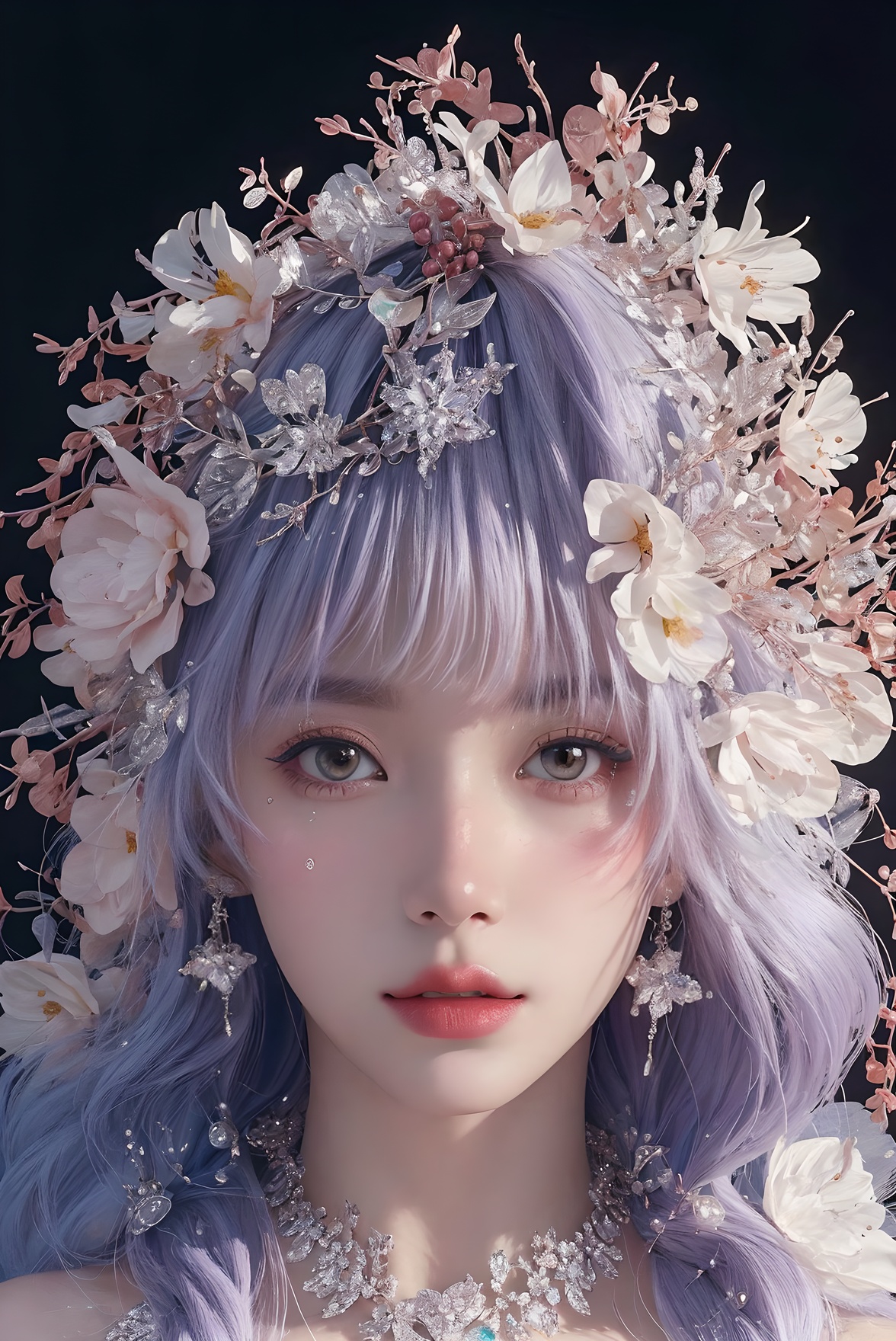 <lora:Fashion_Girl:0.66>purple  theme,  snowflakes,  looking at viewer,  portrait,  colorful hair,  jewelry,  close up,  ultra high res,  deep shadow, (best quality,  masterpiece),  dimly lit,  shade, highly detailed,  bold makeup,  flower,  simple background,  depth of field,  film grain,  fashion_girl,  accessories, High detailed, (masterpiece,high quality,best quality),(colorful),(delicate eyes and face),volumatic light,ray tracing,extremely detailed CG unity 8k wallpaper,solo, indoors, palace, lights, window, decorations,(ahoge:1.3),best quality,official art,(((light from the sky))),floating hair,light shines on hair,whultra-detailed,(((extremely detailed cg 8k wallpaper))),(crystalstexture skin:1.4),(extremely delicate and beautiful),(white skin),looking_at_viewer,kinghere fensejiaren,,realistic,