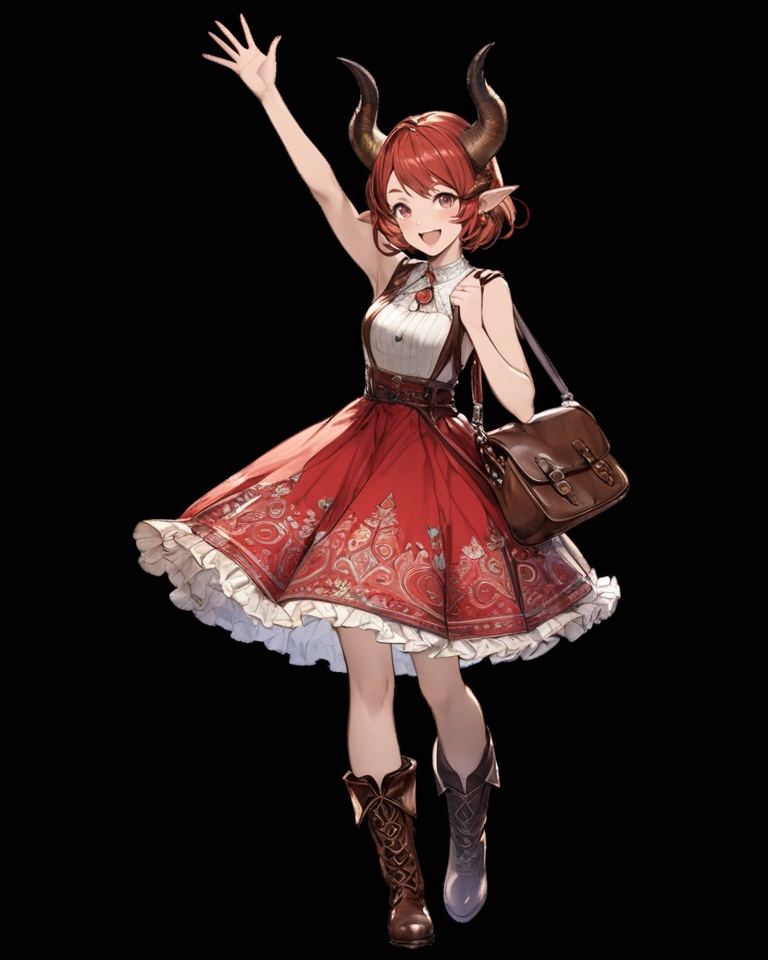 (best quality), ((masterpiece)), (highres), illustration, original, extremely detailed, <lora:JTのGame Character XL:0.7>1girl, solo, open mouth, red hair, boots, full body, horns, smile, pointy ears, dress, bag, transparent background, arm up, short hair, waving, looking at viewer, :d, simple background