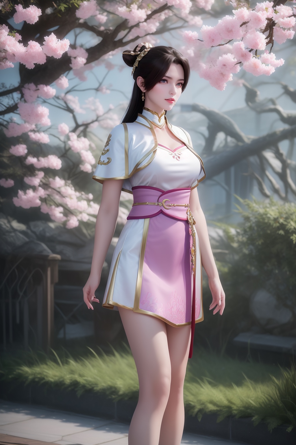 photo_\(medium\),(8k, RAW photo, best_quality),(masterpiece:1.2),(realistic:1.2),(photorealistic:1.3),(ultra-detailed),(extremely_detailed_cg_8k_wallpaper),(crystal_texture_skin:1.3),(shiny:1.2),(shiny_skin:1.4),(extremely_delicate_and_beautiful),petals,flower,sky,cherry blossoms,falling petals,fair skin,landscape,full_shot,shenfengLinRou,1girl,solo,dress,chinese clothes,arms at sides,standing,hair bun,torogao,breasts,short skirt,pink skirt,jewelry,hair ornament,earring,lips,realistic,looking at viewer,<lora:shenfengLinRou_20240805231306-000004:0.7>,