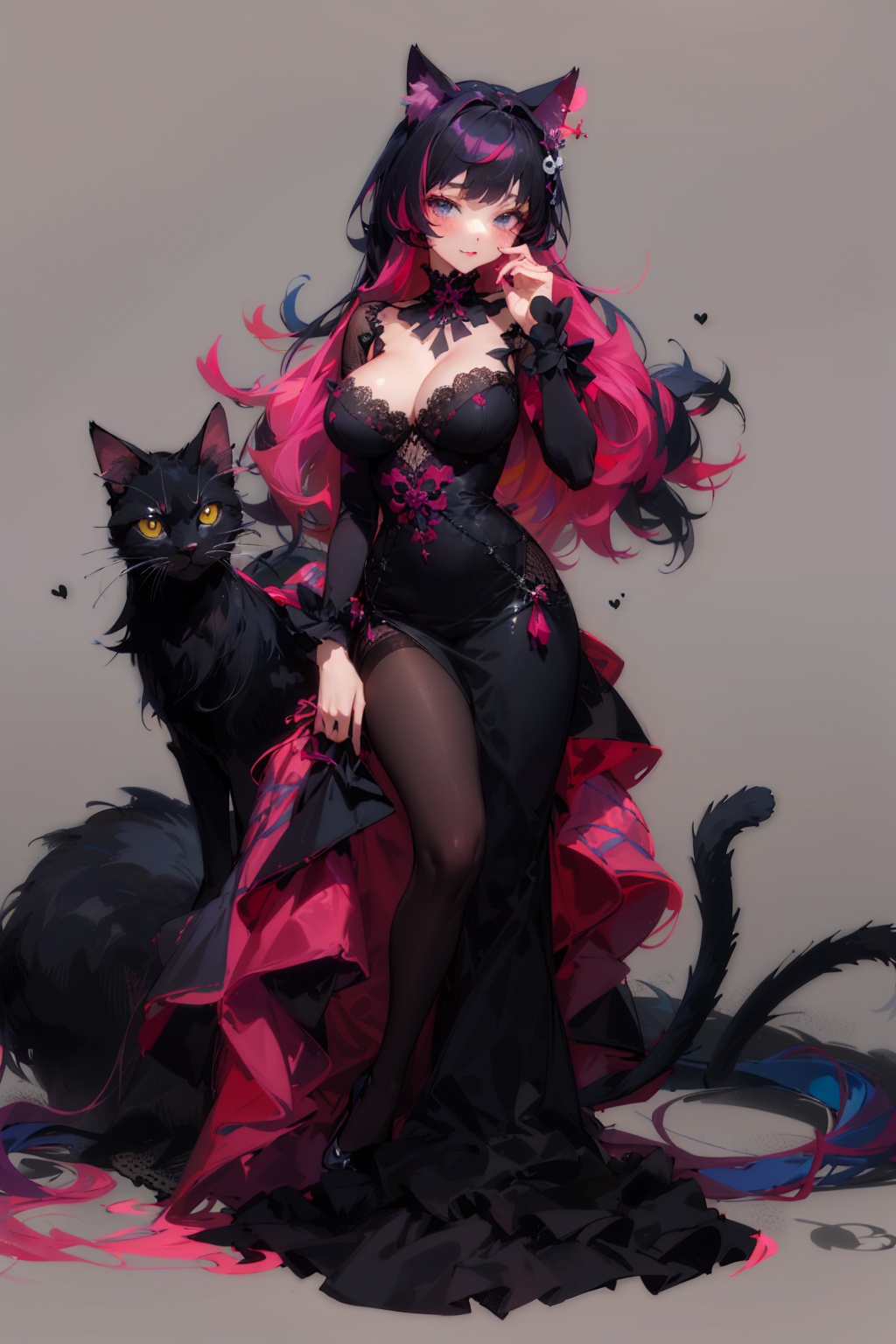 masterpiece,best quality,1girl,solo,cheshire,cat ears,no cat,pink hair,black hair,multicolored long hair,large breasts,checkered dress,simple background,