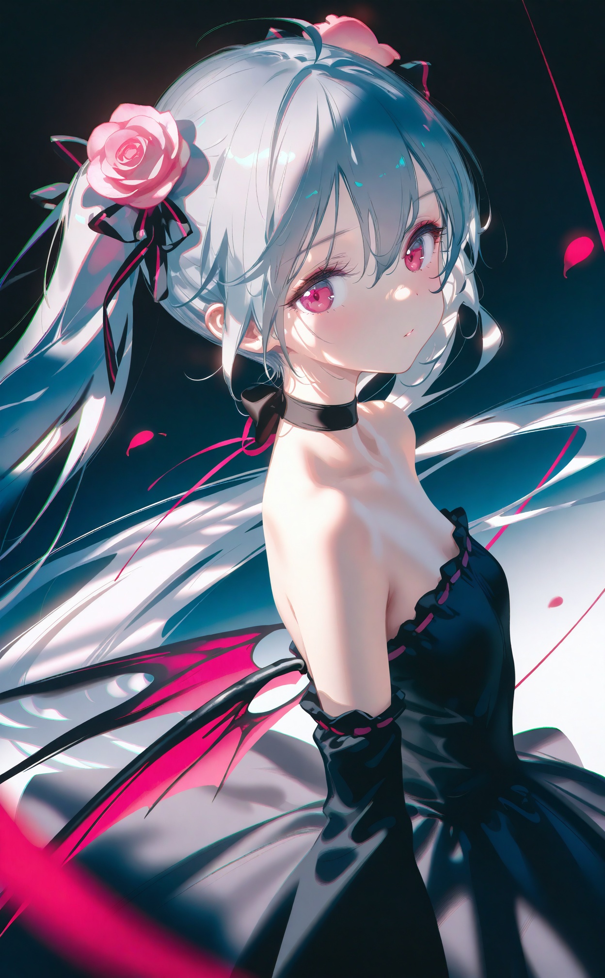 masterpiece,very aware,highres,absurdres,newest,best quality,loli,petite,high quality,chromatic_aberration,cinematic_angle,dutch angle,//,artist:ciloranko,artist:ningen_mame,artist:sho_(sho_lwlw),artist:rhasta,artist:wlop,artist:ke-ta,artist:hiten \(hitenkei\),//,loli,1girl,solo,long hair,hair ornament,flower,twintails,dress,hair flower,ribbon,black dress,looking at viewer,hair ribbon,red eyes,grey hair,white background,bare shoulders,very long hair,detached sleeves,choker,hair between eyes,petals,pink flower,strapless dress,strapless,from side,simple background,upper body,rose,breasts,wings,red ribbon,ahoge,floating hair,pink eyes,small breasts,frills,collarbone,parted lips,looking to the side,hatsune miku,ribbon choker,pink rose,black ribbon,standing,closed mouth,pink ribbon,black choker,bow,frilled dress, <lora:amei4-000028:0.8>