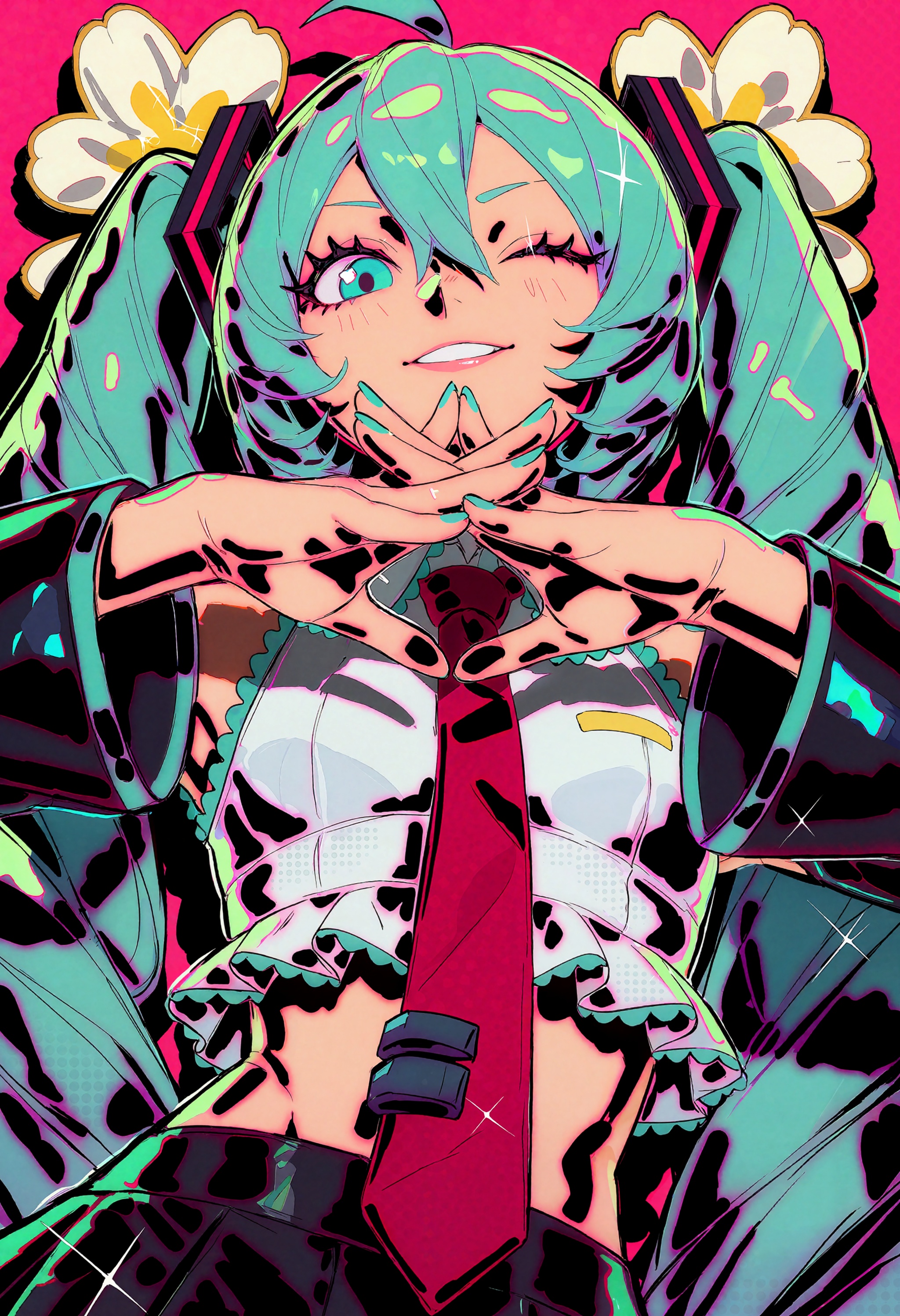 in the style of datcravat,  a woman ressembling Hatsune Miku stands confidently with her hands raised to her chin and cros...