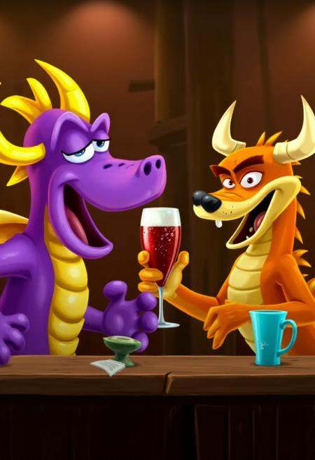 raymanlegends,  Spyro the Dragon and Crash Bandicoot getting drunk at a bar. on Tensor.Art