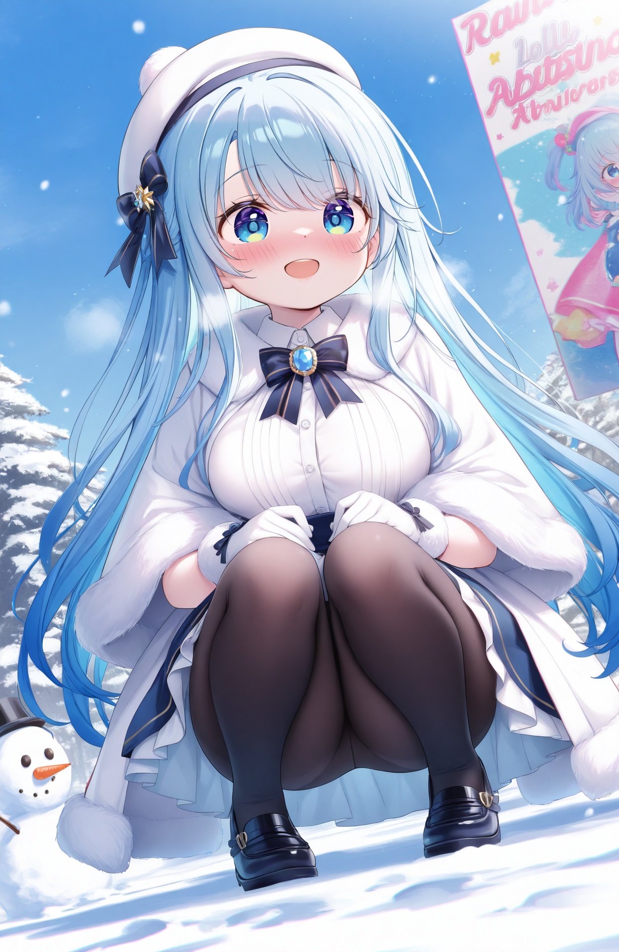 masterpiece,absurdres,best quality,loli,petite,high quality,chromatic_aberration,//,English text, poster Masterpiece, extreme aesthetics, best quality, high quality, extremely detailed, high details, bright colors, animation style, 1 girl, solo, long hair, looking at the audience, blushing, smiling, open mouth, blue eyes, skirt, hand close-up, hat, blue hair, pantyhose, black pantyhose, squat, snow, gloves, snowman, ChuJiujiu, big eyes, Japanese painting style, fashion photography style, oppai loli, big breasts,