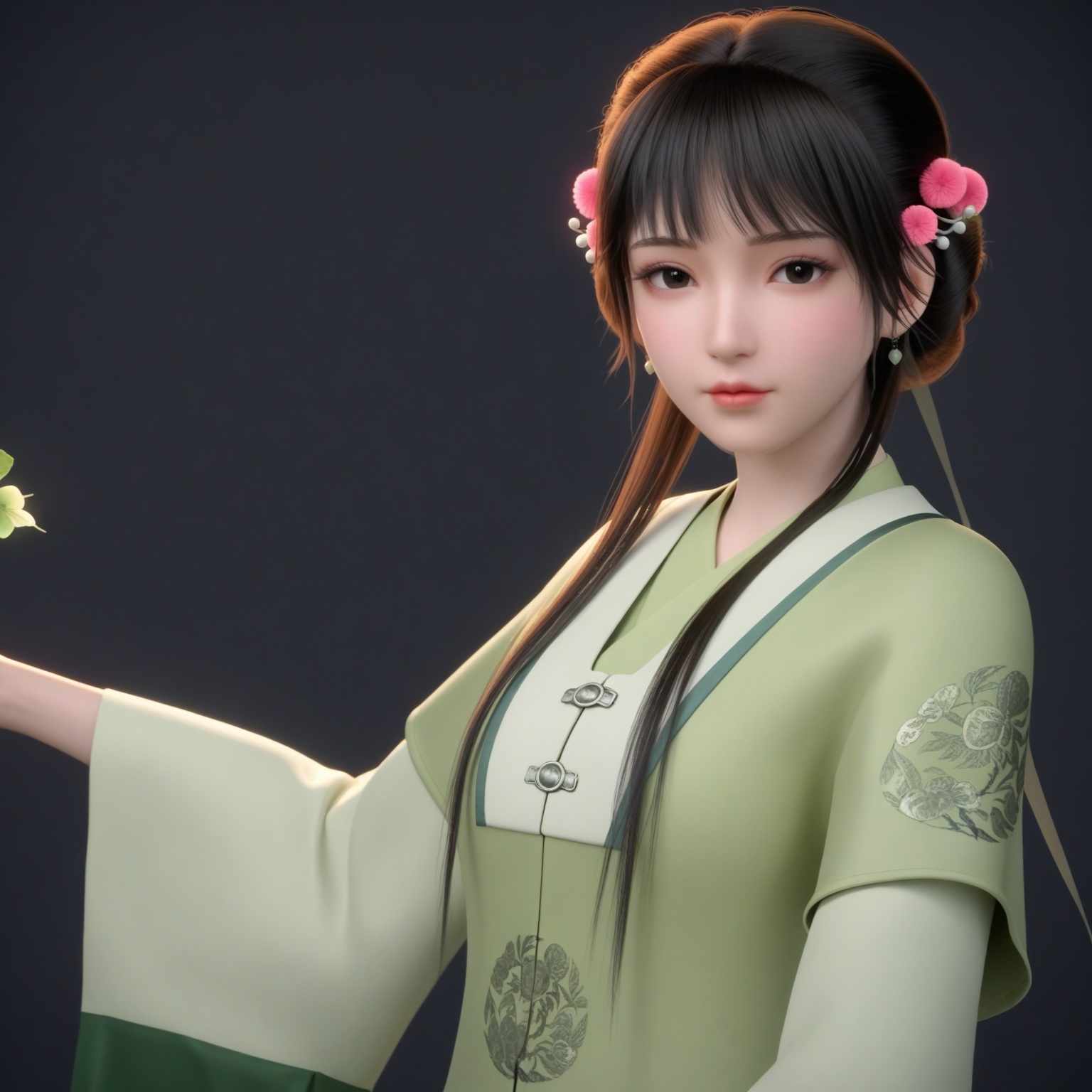 (upper_body:1.1),(huge breasts:0.9),83.<lora:YQponyhanyouniangV2:0.8>,(q1528437228:1.3),1girl,hair_ornament,solo,long_hair,brown_hair,realistic,black_hair,jewelry,chinese_clothes,earrings,bangs,flower,long_sleeves,hair_flower,black_eyes,hair_bun,skirt,braid,hanbok,korean_clothes,long_skirt,single_hair_bun,wide_sleeves,green_skirt,beads,hanfu,traditional_clothes,hair_beads,,blush,(looking_at_viewer:1.1),BREAKintricate details,shiny_skin,solo focus,(blurry background:1.1),(depth of field:1.1),perfect_anatomy,(cinematic lighting:0.9),(volumetric lighting:0.9),(simple background,pure black background,black background:1.1),