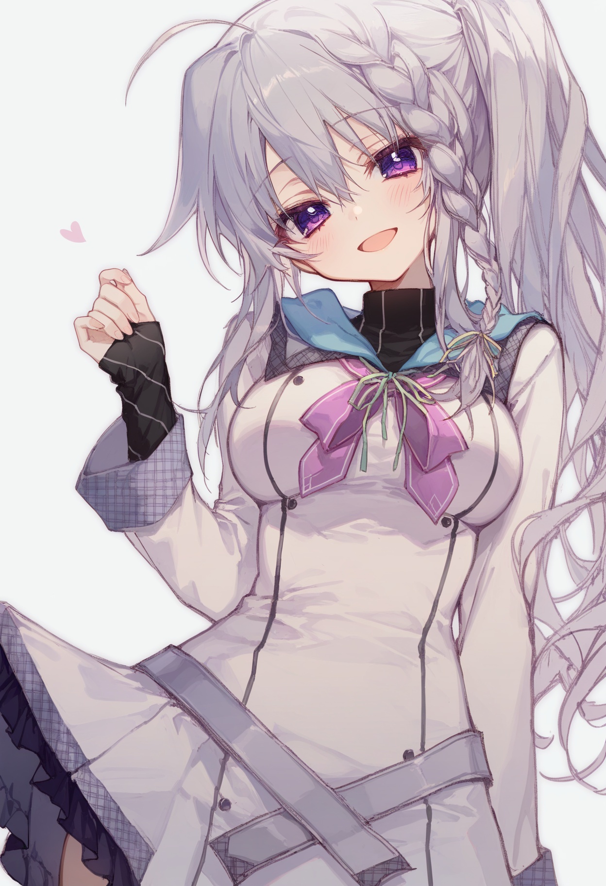 niimi sora, nimi_sora, 9-nine-, <lora:soraxl_noob:0.6>, year 2023, 1girl, :d, ahoge, arm at side, belt, blush, braid, breasts, bright pupils, clothes lift, cowboy shot, eyelashes, eyes visible through hair, frilled skirt, frills, grey belt, grey hair, hair between eyes, head tilt, heart, lifting own clothes, long hair, long sleeves, looking at viewer, medium breasts, open mouth, pink ribbon, purple eyes, ribbon, school uniform, seductive smile, shirt, side ponytail, sidelocks, simple background, single braid, skirt, skirt lift, smile, solo, tsurime, white background, white shirt, white skirt, best quality, amazing quality, very aesthetic, absurdres, artist:hachio81, artist:kumeki_(kk4615), [[[artist:gishiki_(gshk), akakura, artist:ciloranko, artist:tekito_midori, (artist:ningen_mame:0.4), (artist:hxxg:0.7)]]]