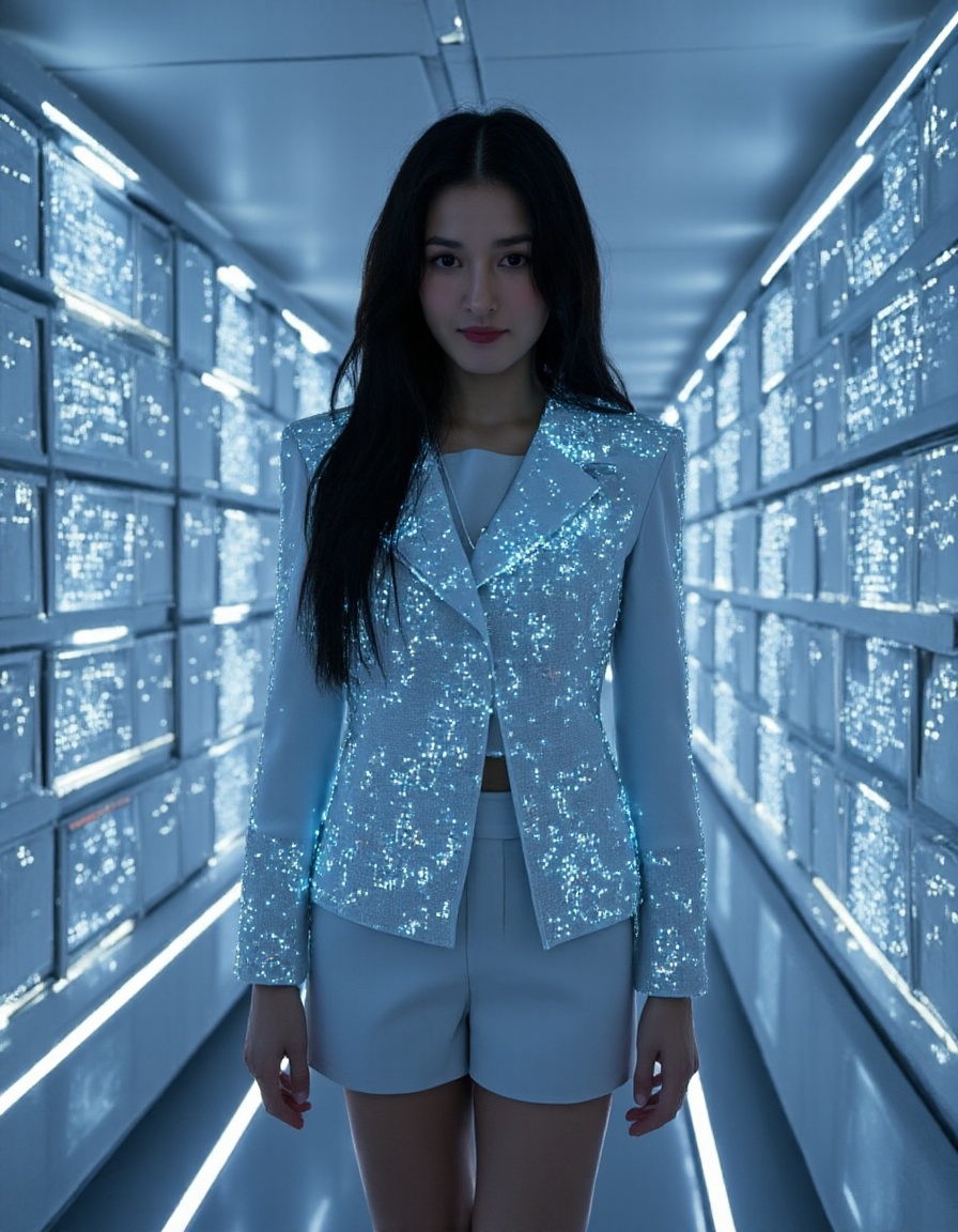 A powerful warrior woman,  her black hair cascading over shoulders,  dons armor detailed with glowing blue circuitry and g...