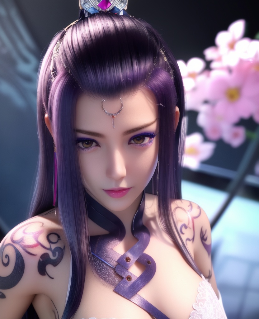 <lora:559-DA-少年歌行-月姬:0.8>(,1girl, ,best quality, ),looking at viewer,  ,,ultra detailed background,ultra detailed background,ultra realistic 8k cg,, ,masterpiece, (( , )),ultra realistic 8k cgSurrounded by strange, movie perspective, advertising style, Colorful background, splash of color A beautiful woman with delicate facial features,tattoo all over body, flower arms,from above,