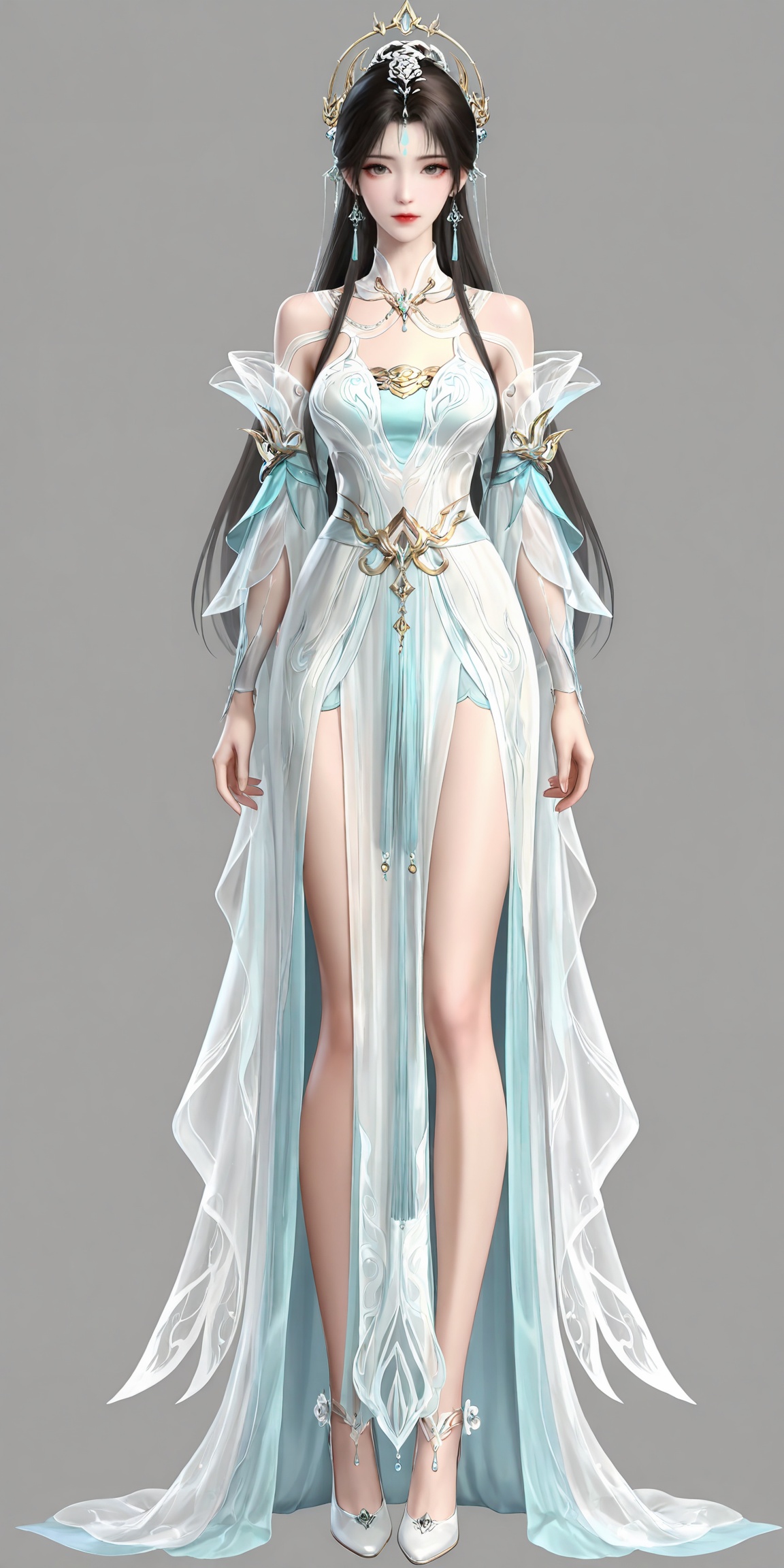 masterpiece,high quality,tall,game cg,highres,(soft light:1.2),white_skin,(shiny_skin:0.6),(realistic:1.1),lvjing,<lora:清漪·新建模ILL:0.6>,qingyi,1girl,solo,jewelry,upper body,long hair,earrings,hair ornament,forehead mark,dress,facial mark,white dress,closed mouth,looking at viewer,grey background,simple background,brown hair,black hair,legs,long legs,white footwear,full body,