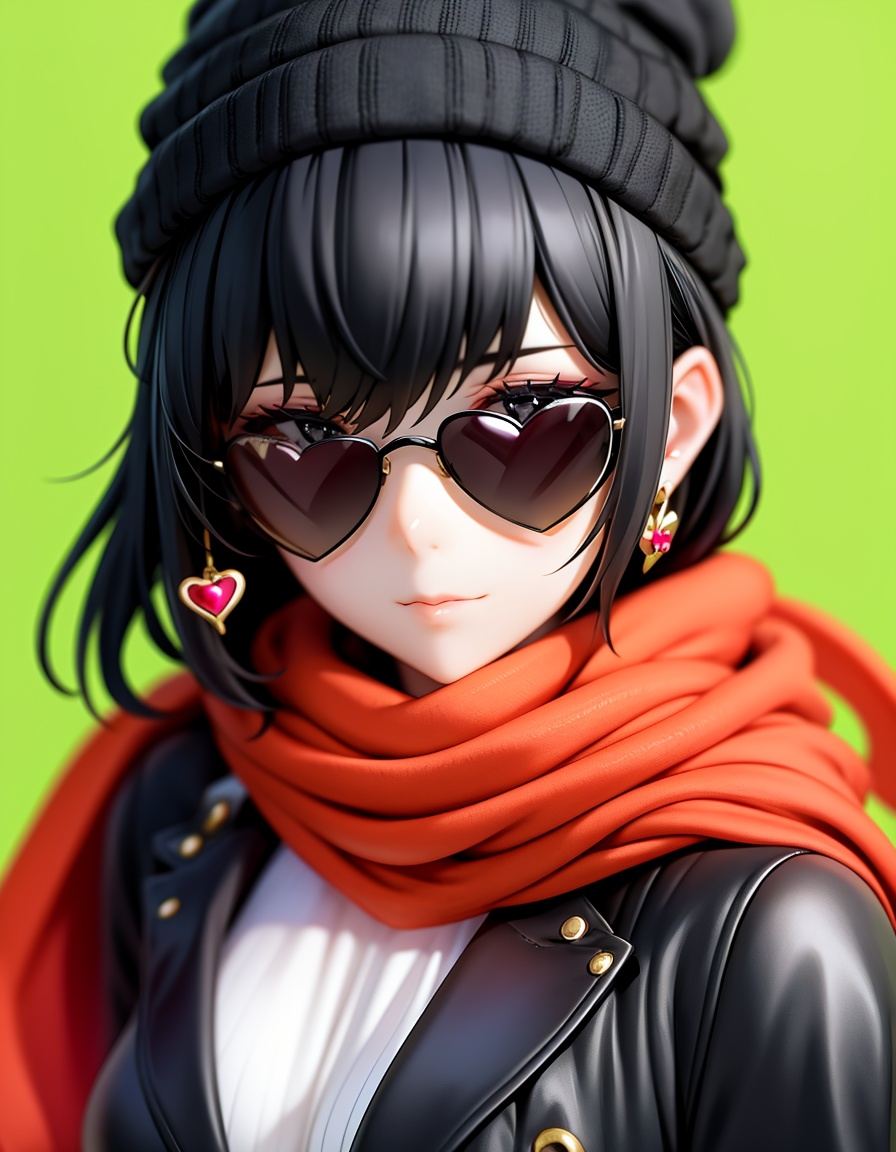 1girl,black hair,jewelry,beanie,earrings,scarf,solo,green background,hat,sunglasses,heart,green scarf,simple background,heart earrings,upper body,short hair,bangs,looking at viewer,black eyes,
