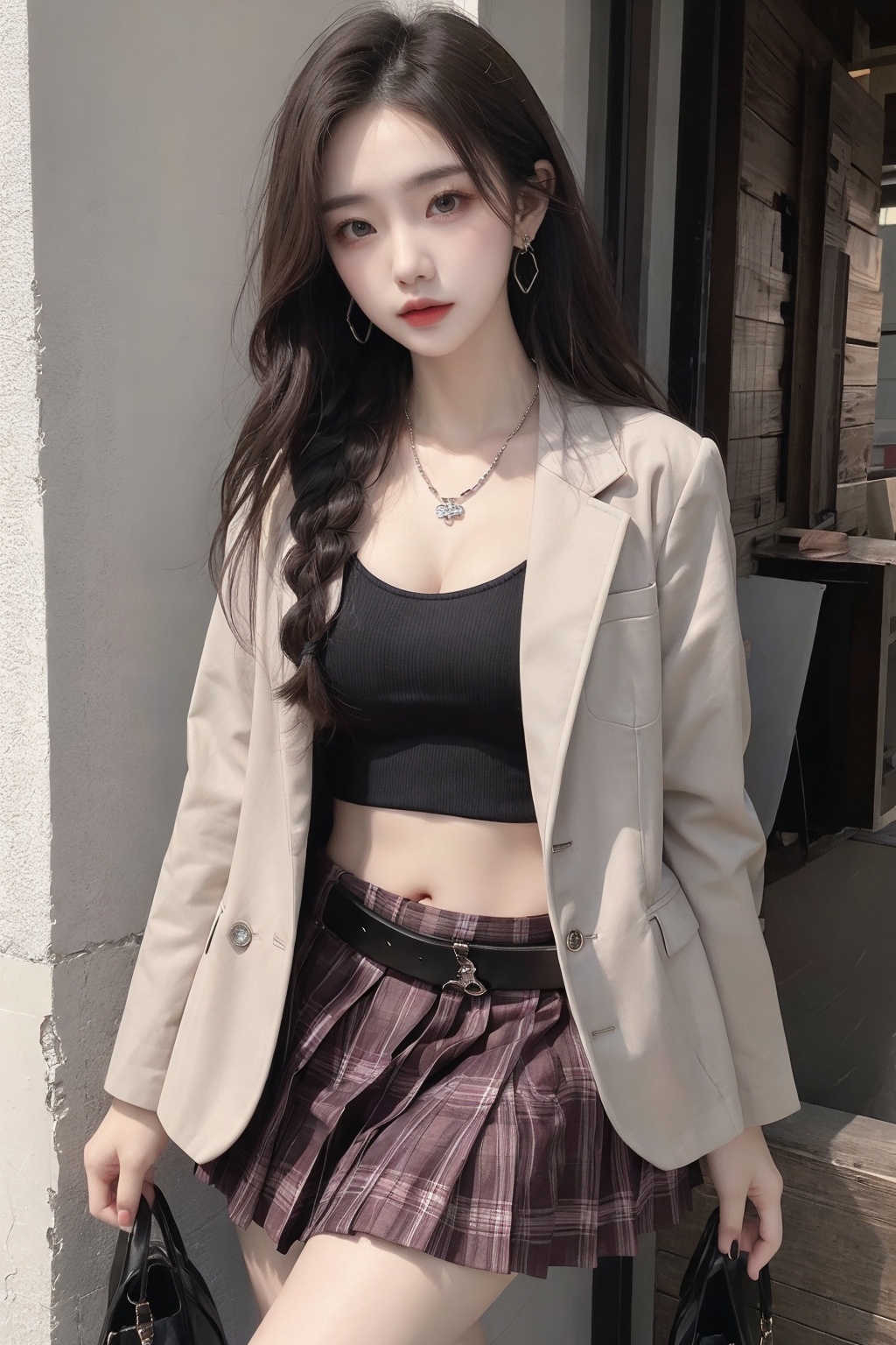 1girl, belt, bracelet, braid, breasts, earrings, jacket, jewelry, long hair, looking at viewer, midriff, nail polish, necklace, open clothes, plaid, plaid skirt, ring, skirt, solo  <lora:jk美女:0.66>