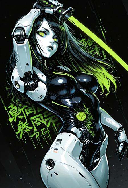 (masterpiece), (best quality), (ultra-detailed), amazing quality, very aesthetic, perfect composition, intricate details, absurdres, incredibly absurdres, clear skin, ultra-detailed-eyes, greatscore, pretty, dynamic angle, dynamic pose, mechabare, mechanical parts, solo, science fiction,sf, 1girl, cyborg, fighting stance, holding weapons, holding a katana, cyborg,mechanical arms, mechanical eyes, long hair, black hair with lime-green highlights, face focus western comics \(style\), , multiple-tonbackground , ,dynamic visul, limited palette theme, shadow outlines, matel color trim, ,two-tone colored , Mid shot, barcode tattoo,Black background, Japanese text, Japanese graffiti,
