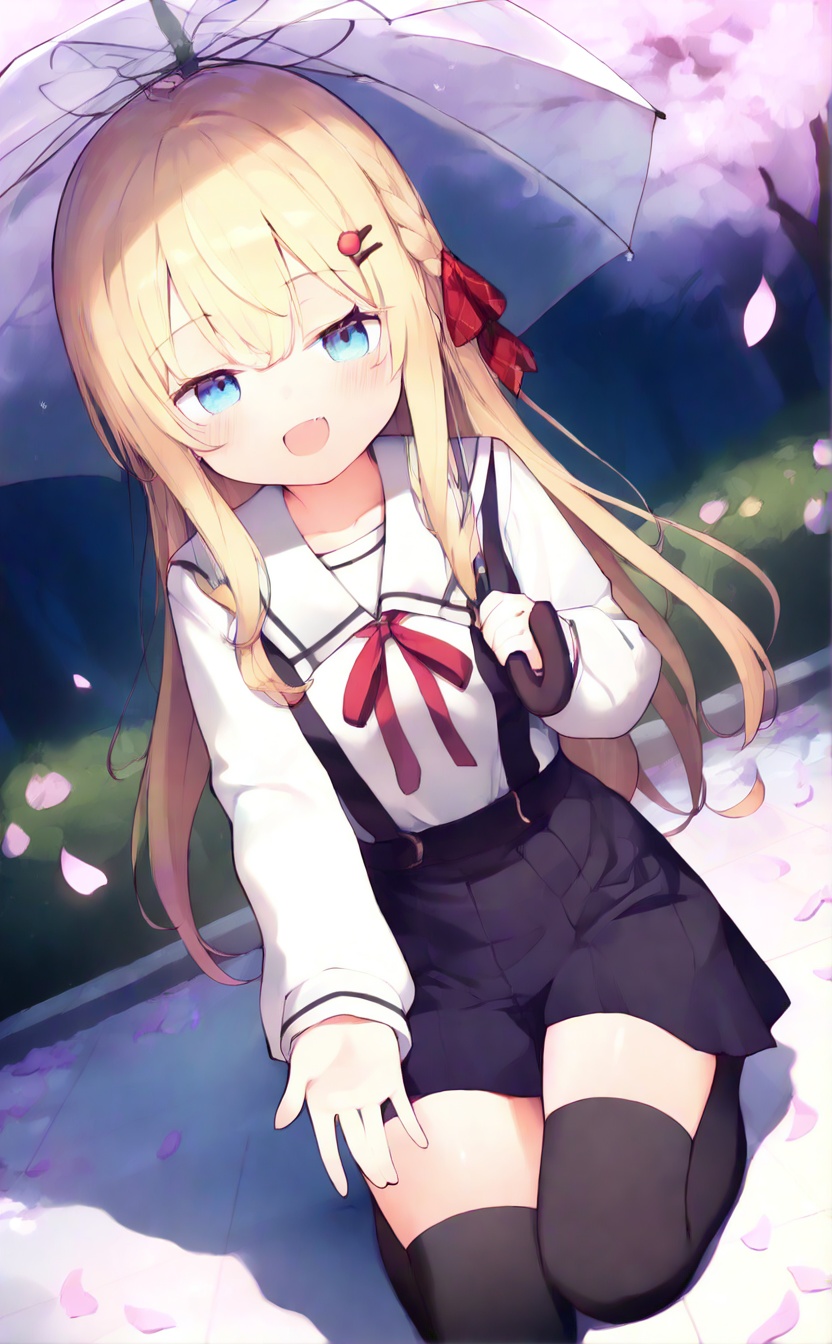masterpiece,very aware,highres,absurdres,newest,best quality,loli,petite,high quality,chromatic_aberration,cinematic_angle,dutch angle,blurry_foreground,A light gradient background with white on top and brown at the bottom,student,"Girl",//,1girl,solo,thighhighs,long hair,skirt,hair ornament,umbrella,school uniform,garter straps,holding,braid,cherry blossoms,blue eyes,blonde hair,open mouth,long sleeves,sailor collar,smile,shirt,white shirt,holding umbrella,flower,ribbon,serafuku,fang,black thighhighs,hairclip,blush,looking at viewer,red ribbon,bangs,black skirt,neck ribbon,petals,pleated skirt,collarbone,outdoors,transparent,suspenders,breasts,suspender skirt,outstretched arm,//,//,blurry background,blurry background,official art,depth of field,detailed light,best shadow,shiny skin,cinematic lighting,ray tracing,amazing quality,very aesthetic,absurdres,beast quality,ultra detailed,newest,8K,HDR,full_shot,//,<lora:lora-000003.by_tusi:1.5>,