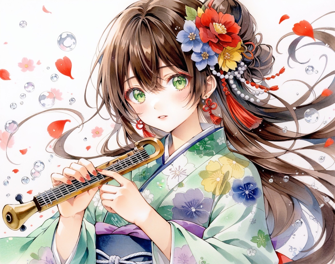 jw,Noyu,1girl, solo, green eyes, hair ornament, flower, long hair, japanese clothes, traditional media, hair flower, kimono, holding, looking at viewer, painting (medium), earrings, jewelry, upper body, watercolor (medium), bangs, brown hair, floral print, instrument, white background, tassel, parted lips, yellow flower, long sleeves, holding instrument, blush, red ribbon, black hair, wide sleeves, simple background, ribbon, hands up, hair between eyes, print kimono, hair bun, bubble, ball, floating hair, petals, blue kimono, green kimono, tassel earrings