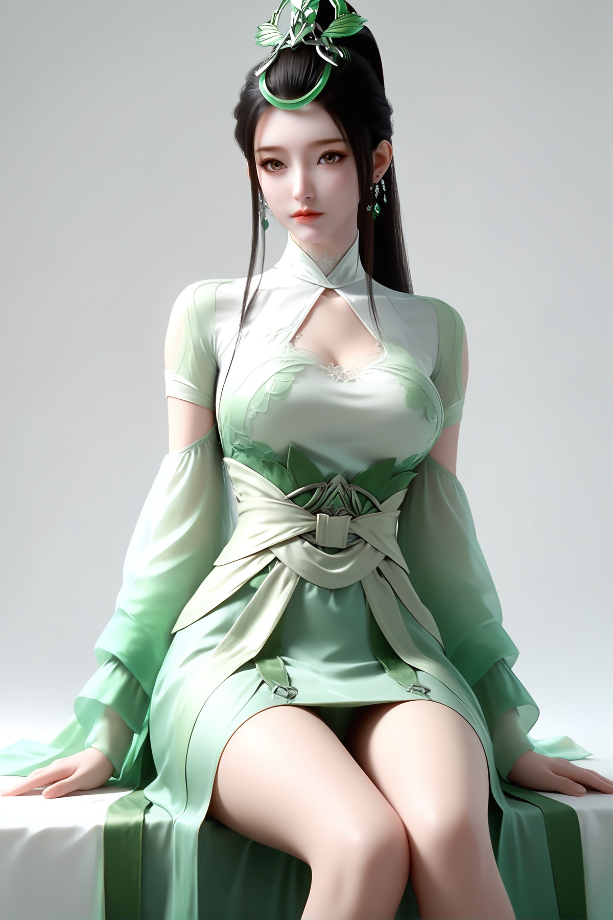 score_9,score_8_up,score_7_up,<lora:wy_lujiajia_XL7.0:0.8>,1girl,long hair,breast,medium breast,hair_ornament,dress,black hair,high ponytail,brown eyes,thick_thighs,green_dress,sitting,wetting,dark,simple background,white_background,