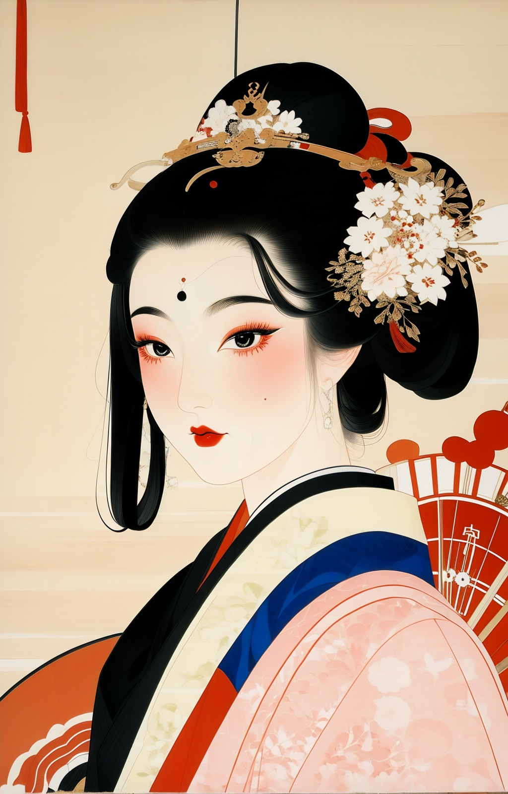 a painting of a woman with a fan on her head and a fan on her head,in a white dress,Chizuko Yoshida,japanese,a painting,ukiyo-e,absurdres,highres,wallpaper,colorful,thick eyebrows,pupils,bright_pupils,makeup,eyeshadow,lipstick,long_eyelashes,mascara,face_focus,eyes_focus,front view,looking_at_viewer,<lora:贵妃毛笔插画v1:1>,chinese_style,china_dress,
