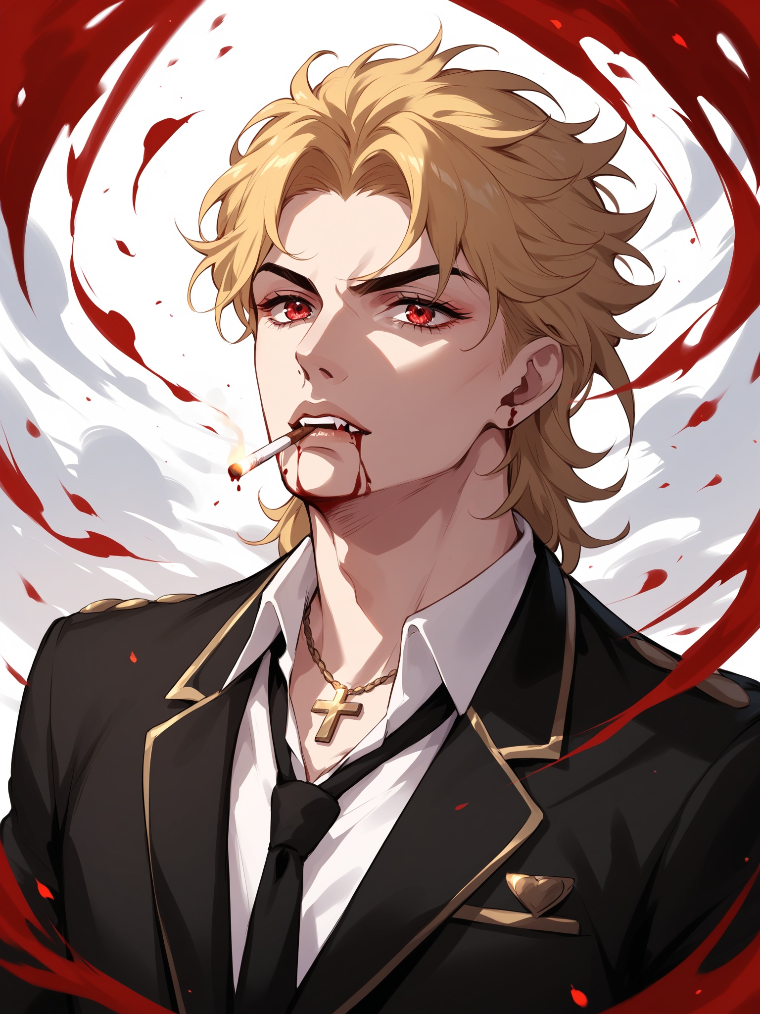 score_9,score_8_up,score_7_up,dio brando,solo,blonde hair,red eyes,black suit,black necktie,cross (necklace),blood on mouth,vampire,stand (jojo),flame,effect,particles,cigarette in mouth,smoke,