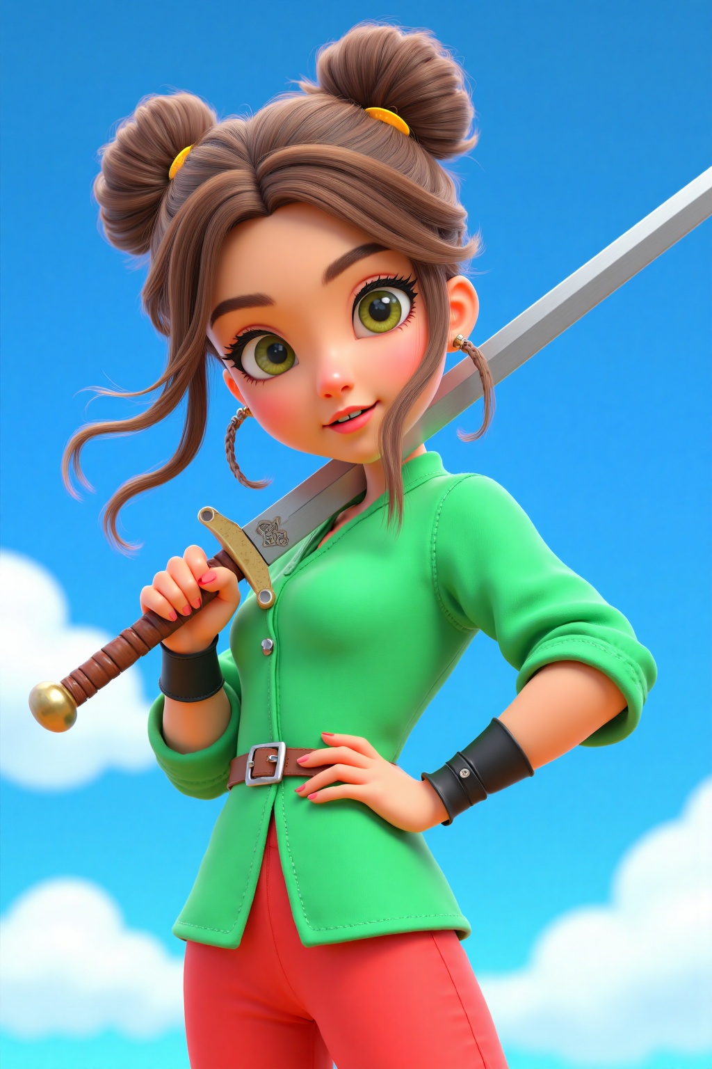 beijihui,a cartoon character, dressed in a green shirt and red pants, is holding a sword in her right hand. Her left arm is wrapped in a brown belt with a black buckle. Her right arm is draped in a black leather bracelet, adding a touch of color to her outfit. Her brown hair is tied in a bun, adding texture to her face. The background is a deep blue, with a few white clouds in the distance.
