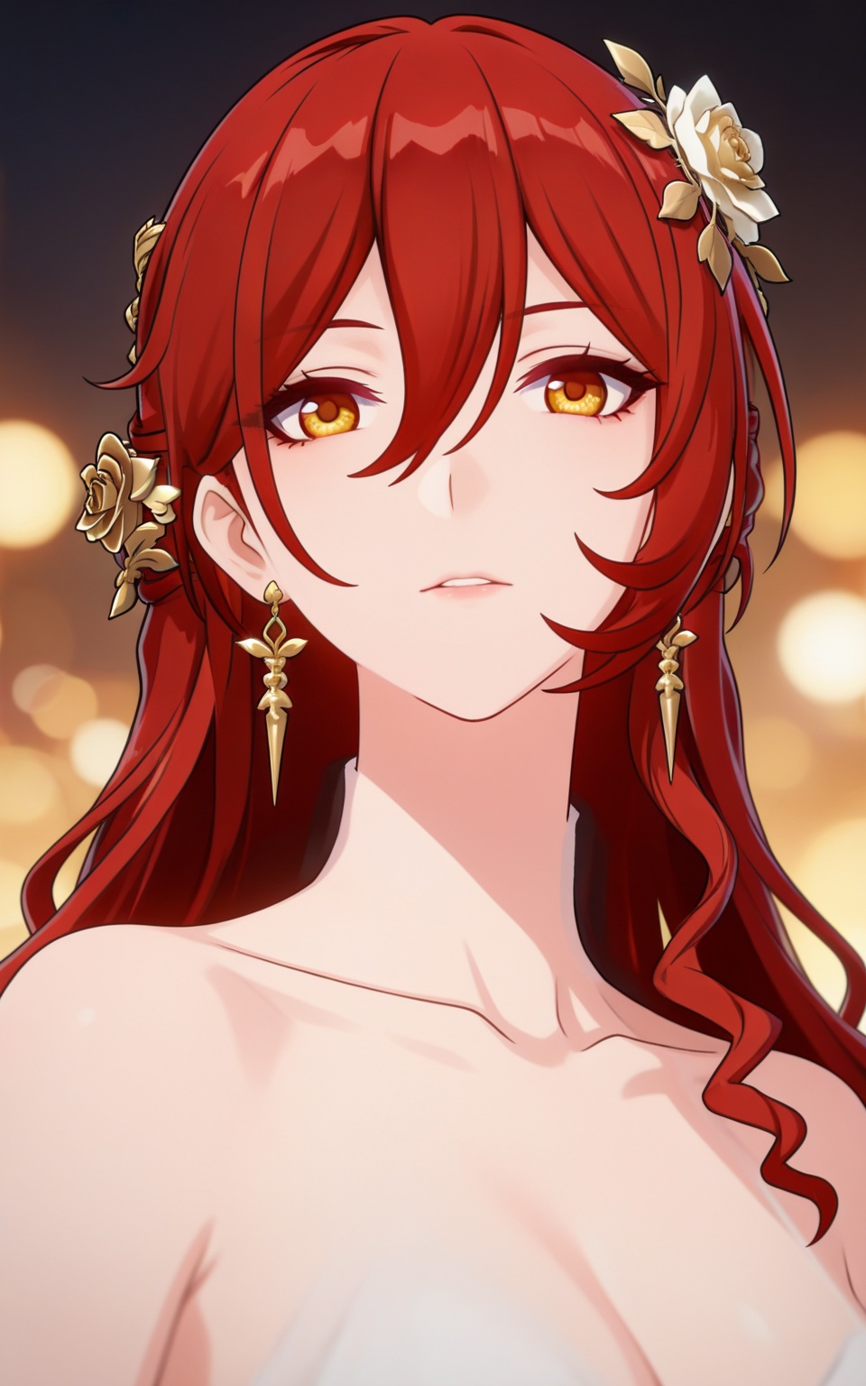 depth of field,masterpiece,best quality,very aesthetic,alternate costume,alternate costume,2024,2023,perfect composition,ultra-detailed,extreme aesthetic,masterpiece,best quality,good quality,newest,year 2024,year 2023,very aesthetic,absurdres,looking_at_viewer,colorful,<lora:姬子·衣服百搭ILL:0.8>,himeko \(honkai: star rail\),red hair,long hair,red eyes,hair flower,gold hair_ornament,hair between eyes,gold earrings,upper_body,