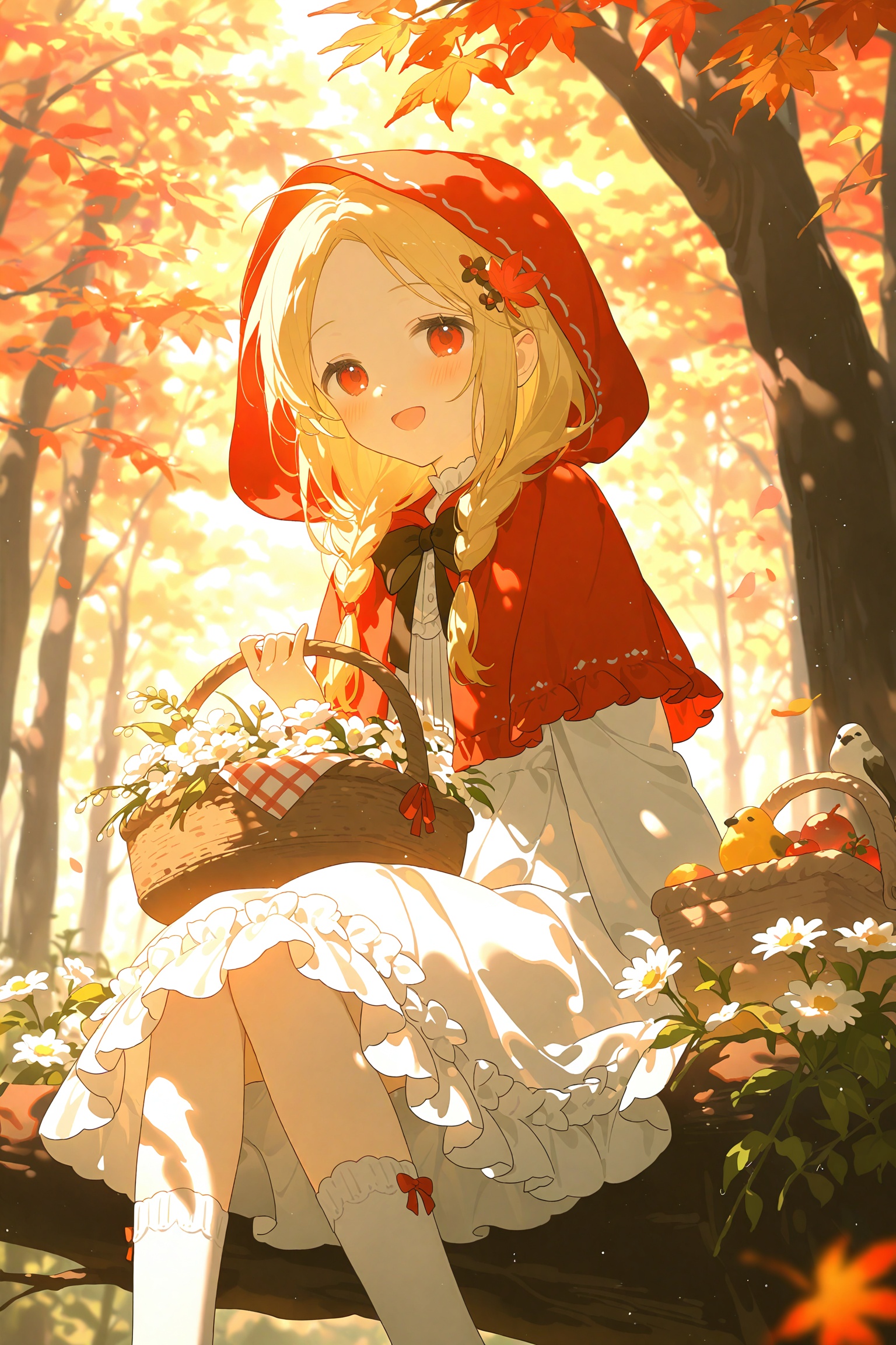 1girl, basket, solo, dress, long_hair, hood, blonde_hair, red_eyes, flower, looking_at_viewer, smile, sitting, outdoors, blush, white_dress, hair_ornament, leaf, autumn_leaves, white_socks, open_mouth, hooded_capelet, white_flower, hair_flower, socks, capelet, bird, :d, tree, frills, hood_up, day, braid, blurry, red_capelet, depth_of_field, little_red_riding_hood_(grimm), forehead, frilled_dress, feet_out_of_frame, picnic_basket, maple_leaf, bow, animal, holding_basket,
