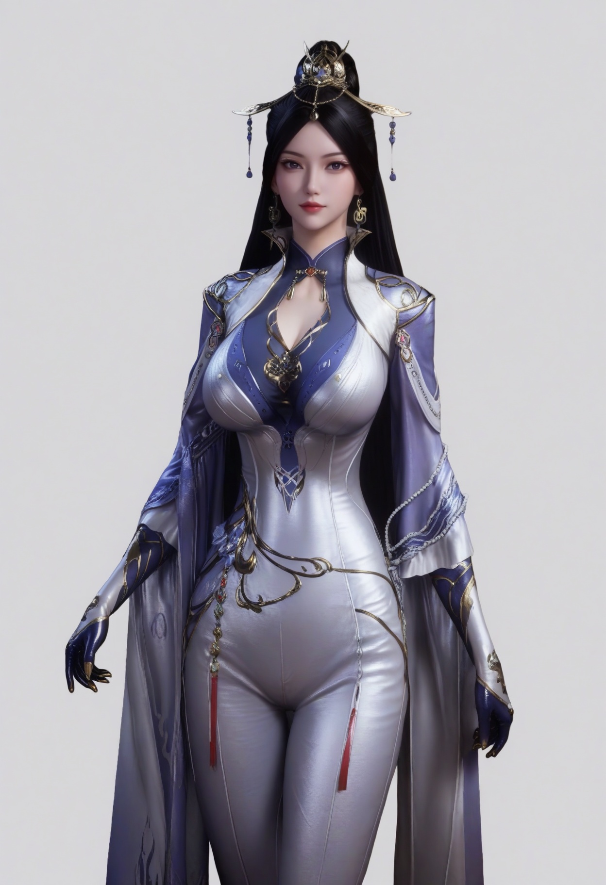 score_9,<lora:SF_QiuQingEr_Pony_Realism2.3-000003:0.7>,1girl,solo,hair ornament,long hair,dress,hair bun,breasts,large breasts,dress,pants,black hair,gloves,looking at viewer,white background,simple background,
