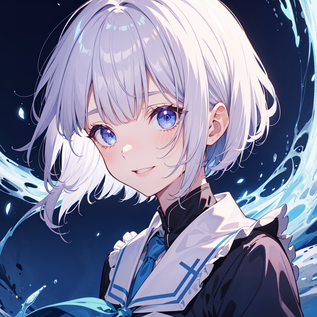 light and dark,happy,jumping,, silver hair,short hair,hime cut,purple blue eyes,blue school uniform,blunt bangs,bob cut,glowing eyes,disheveled hair,