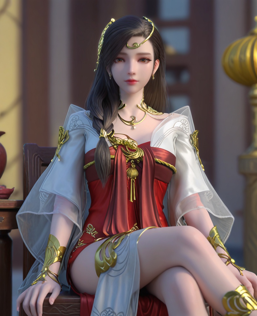 (oriental architecture, elegant decor, sophisticated style:1.1),(Sitting on a chair with legs crossed and hands resting on knees,:1.1),(breasts:1.2),<lora:XL雪鹰领主许琴:0.95>,miss xuqin,chest-length ru skirt,black hair,long hair,see-through sleeves,circlet,jewelry,obi,bracelet,brown eyes,hair ornament,braid,lips,, score_9,score_8_up,score_7_up,score_6_up,score_5_up,score_4_up,3d rendering,tag1,tag2, Cinematic Lighting,backlighting,