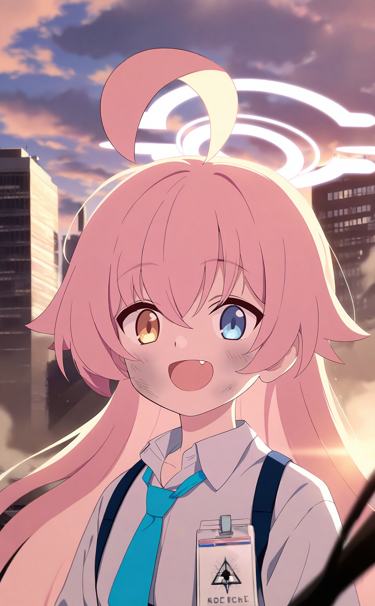 masterpiece,best quality,high quality,loli,1girl,hoshino (blue archive),heterochromia,shirt,solo,pink hair,necktie,white shirt,halo,long hair,blue eyes,fang,blue necktie,ahoge,collared shirt,building,outdoors,yellow eyes,smile,looking at viewer,id card,hair between eyes,open mouth,skyscraper,cloud,sky,upper body,pink halo,dirty,shoulder strap,cloudy sky,aqua necktie,city,dust,:d,cityscape,sunrise,harness,dirty face,skyline,blurry,strap,chest harness,sunlight//,<lora:BA——【noob】hans:1>,