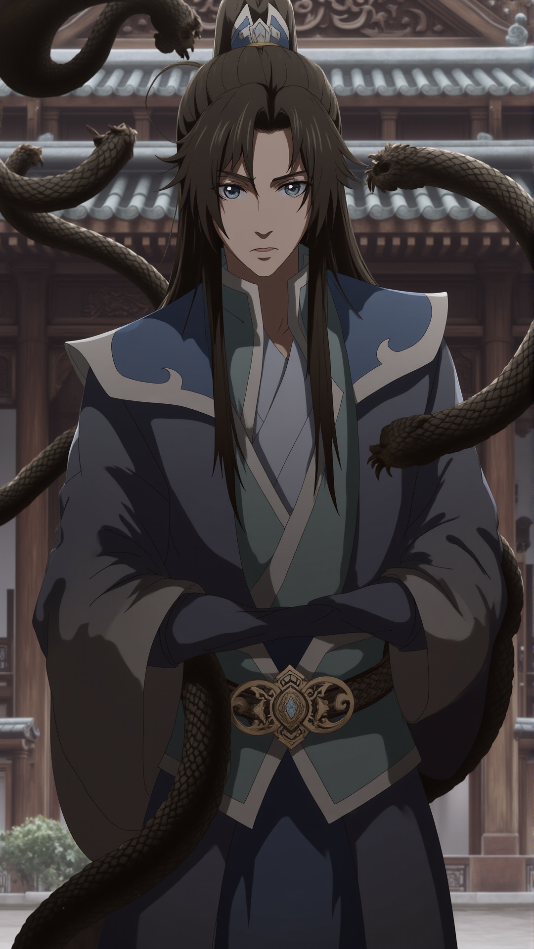 1man,heiwuchang,male focus,handsome,in a black robe,black hair,straight hair,long hair,looking at viewer,standing in front of a Chinese style mansion,a black little dragon hovers around,masterpiece,Chinese style,<lora:F1-baixiaochun:0.8>,