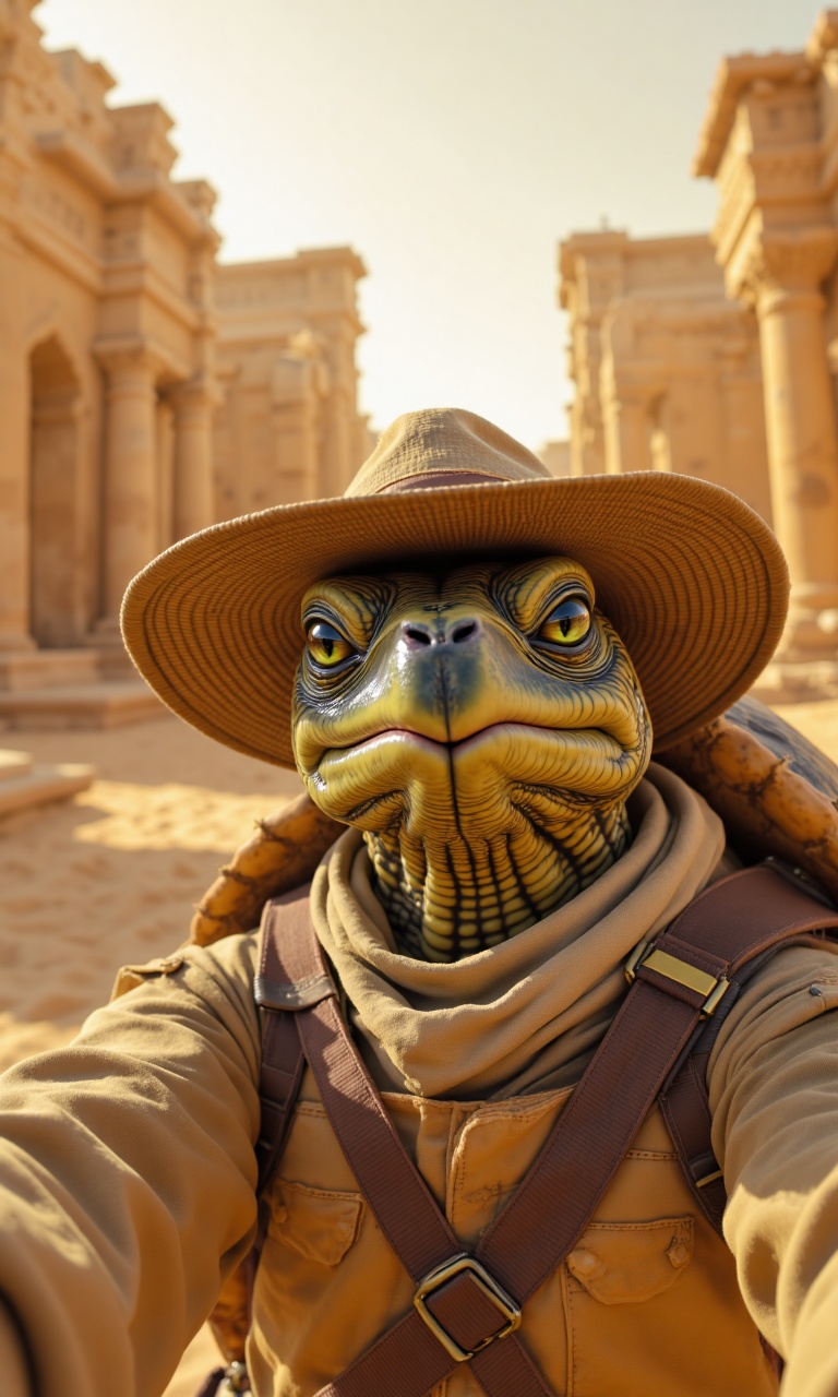 (realistic turtle in safari outfit:1.3),anthropomorphic animal,ancient ruins,desert plateau,golden hour sunlight,eroded stone temples,(selfie perspective:1.2),wearing desert hat,tan safari shirt,dusty shell,cinematic warm tones,photorealistic detail,ultra-detailed,8k,masterpiece,atmospheric sand haze,dramatic shadows,