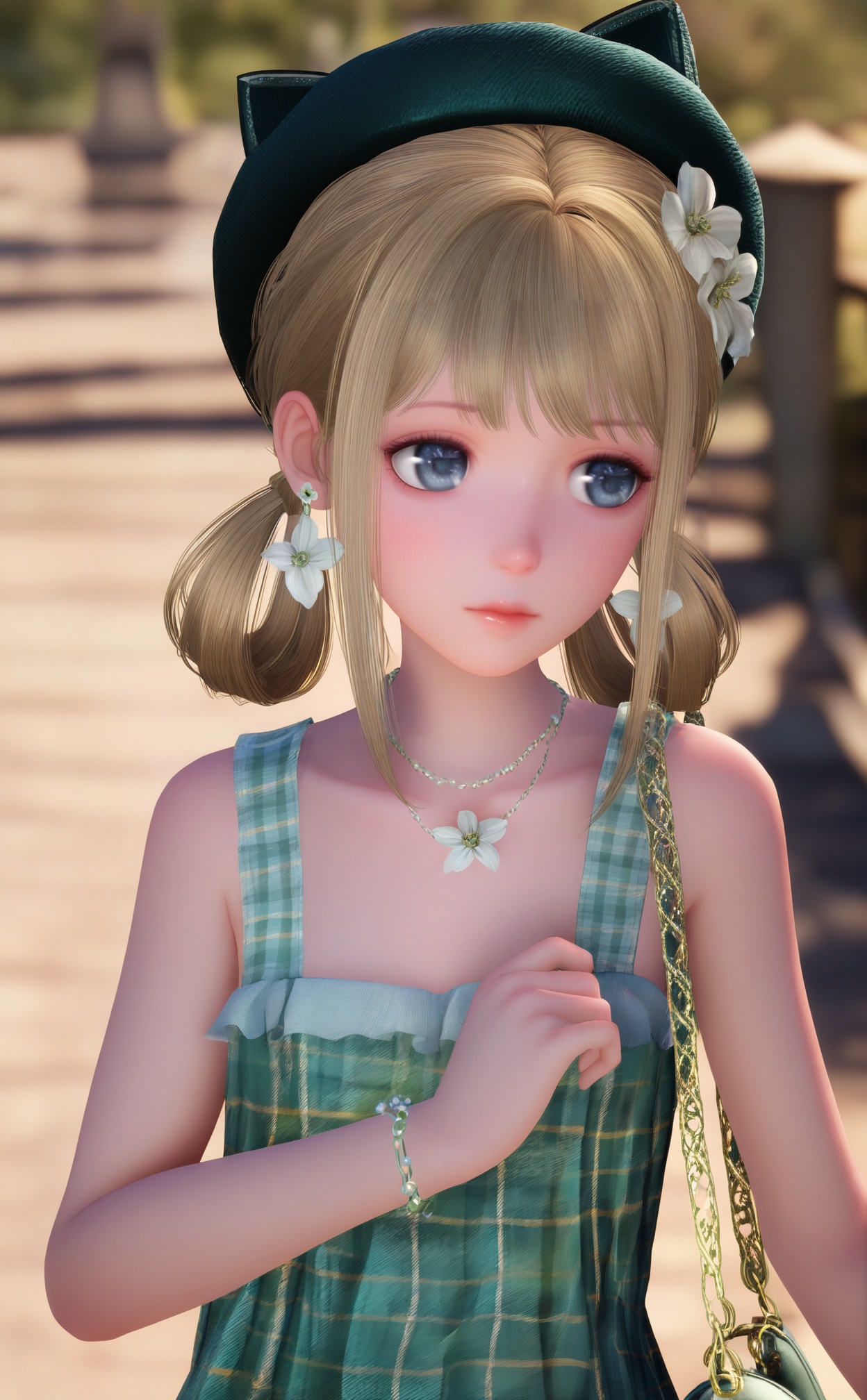 masterpiece,very aware,highres,absurdres,newest,best quality,loli,petite,high quality,chromatic_aberration,//,nuannuan,1girl,jewelry,solo,earrings,handbag,green_dress,dress,hat,bag,flower,necklace,plaid_dress,plaid,bracelet,sleeveless,blonde_hair,blurry,upper_body,hat_flower,blurry_background,blue_eyes,looking_to_the_side,sleeveless_dress,hair_rings,flower_earrings,twintails,closed_mouth,lips,outdoors,sidelocks,green_headwear,shoulder_bag,grey_eyes,realistic,//,realistic,//,official art,depth of field,detailed light,blurry background,best shadow,shiny skin,cinematic lighting,ray tracing,amazing quality,very aesthetic,absurdres,beast quality,ultra detailed,newest,8K,HDR,<lora:nuannuan2——【noob】hans:1>,