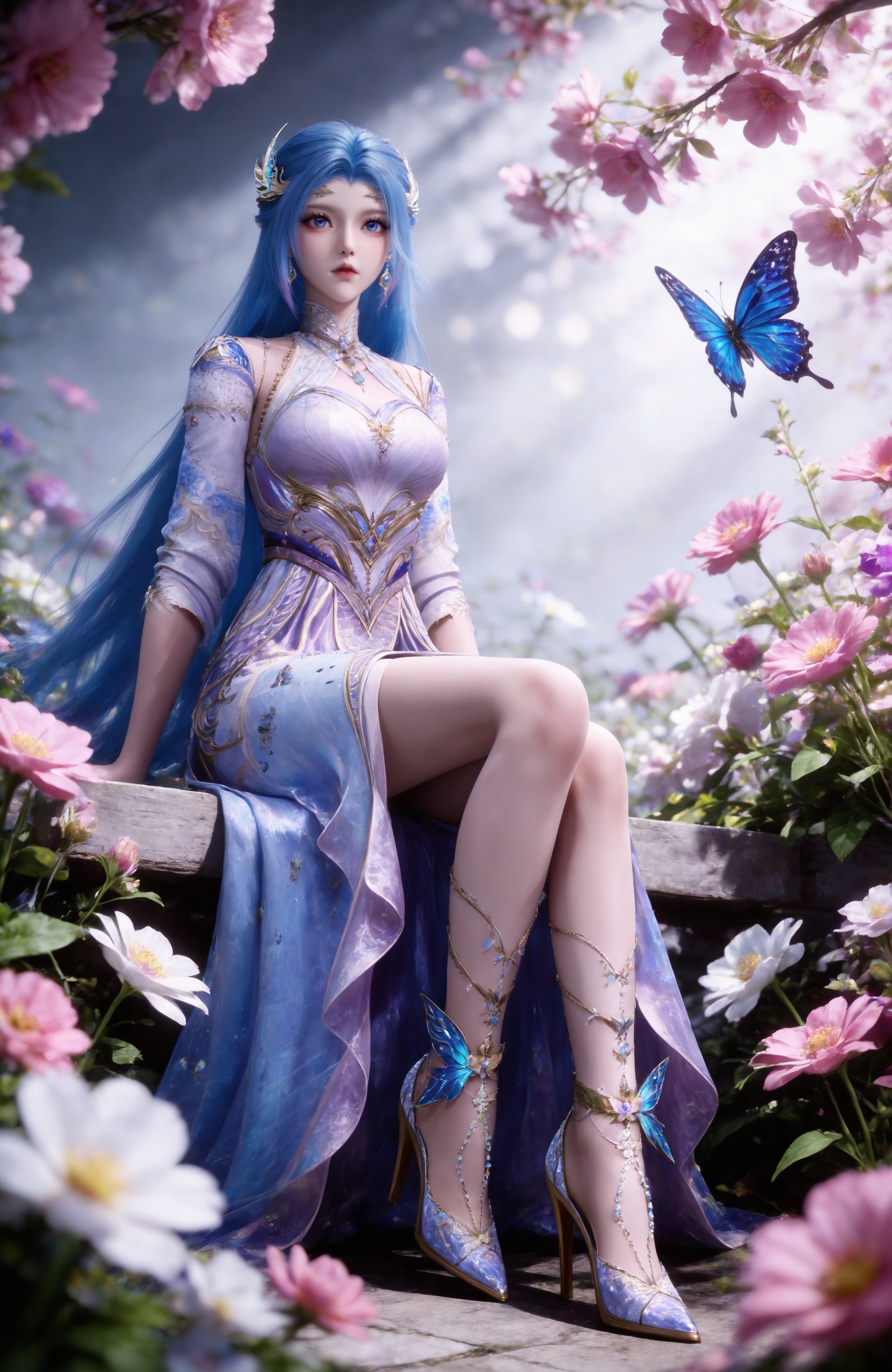 <lora:斗罗大陆-唐舞桐IL:0.8> 1girl, long hair, blue hair, hair ornament, blue eyes, earrings, white dress, clothing cutout, bare legs, butterfly, high heels, stairs,pink flower,blurry,sitting,full body,