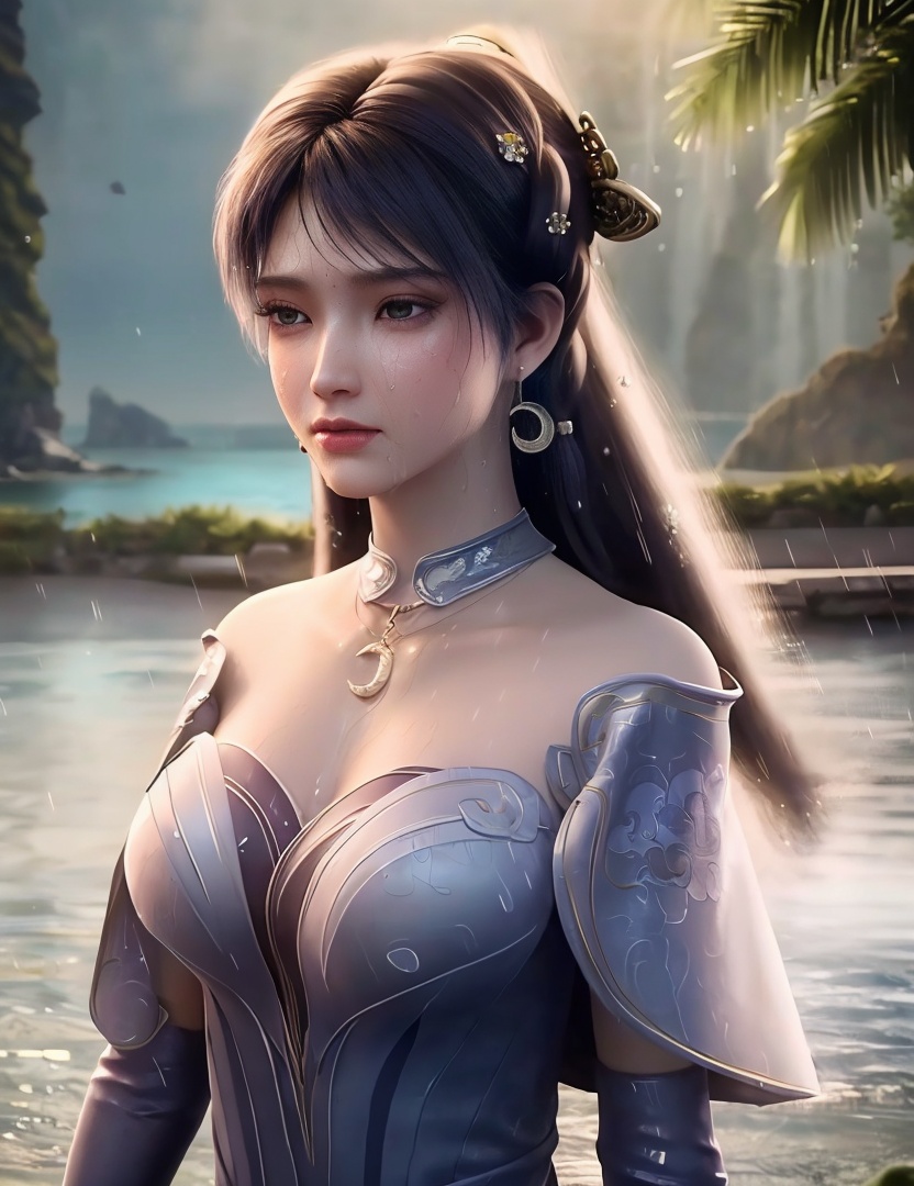 <lora:517-DA-遮天-姬紫月:0.8>(,1girl, ,best quality, ),looking at viewer, ,ultra detailed 8k cg, ultra detailed background, ultra realistic 8k cg,  ,masterpiece((((1girl, solo,  , ,solo focus, wet,sweat, ocean,rain, water drop, )))) (, , sweatdrop, flying sweatdrops, sweating profusely,colorful drop \(module\), )   clean, masterpiece,     cinematic lighting, cinematic bloom,   , unreal, science fiction, luxury, jewelry, diamond, gold, pearl, gem, sapphire, ruby, emerald, intricate detail, delicate pattern, charming, alluring, seductive, erotic, enchanting, hair ornament, necklace, earrings, bracelet, armlet,halo,
