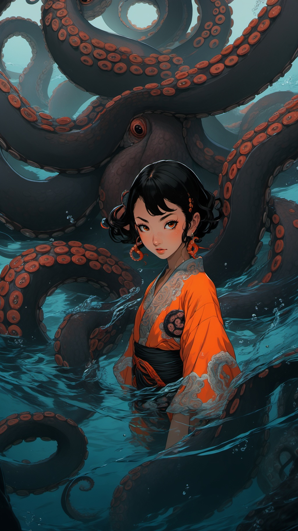 anime artwork BJ_Sacred_beast_Illustration,Octopus,1girl,solo,looking_at_viewer,short_hair,black_hair,jewelry,earrings,japanese_clothes,kimono,water,black_eyes,monster_girl,tentacles,partially_submerged,orange_theme,photo,8k,intricate,highly detailed,majestic,digital photography,broken glass,(masterpiece, sidelighting, finely detailed beautiful eyes:1.2),hdr,realistic,high definition,<lora:SSDXL_acred_beast_Illustration:0.7>, . anime style, key visual, vibrant, studio anime,  highly detailed