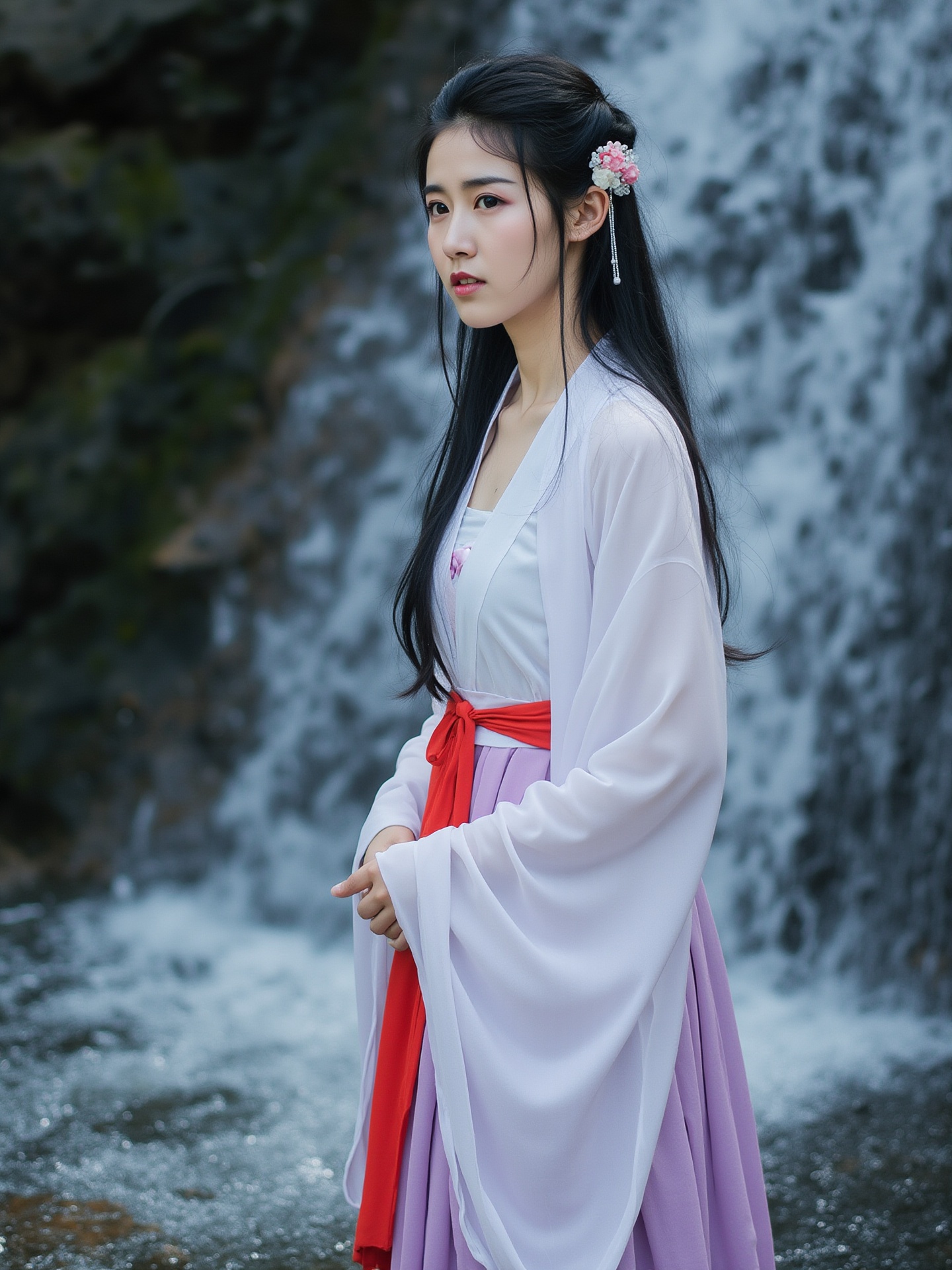 This is a photograph of a young woman standing in a shallow stream with cascading waterfalls in the background. She is dressed in a traditional East Asian costume, featuring a white top with long sleeves and a red and purple skirt. Her hair is long and black, styled in a loose, flowing manner with a few decorative flowers tucked behind her ear. She has a delicate, almost ethereal appearance, with pale skin and delicate features. The fabric of her outfit is translucent, allowing glimpses of her body underneath. The water around her is clear, creating a contrast with the dark, moss-covered rocks behind her. The overall scene is serene and picturesque, with the waterfalls adding a sense of movement and life to the stillness. The lighting is soft and natural, likely from natural sunlight, giving the image a dreamy, otherworldly feel. The photograph is signed by the artist, Fuyou, in the lower right corner.